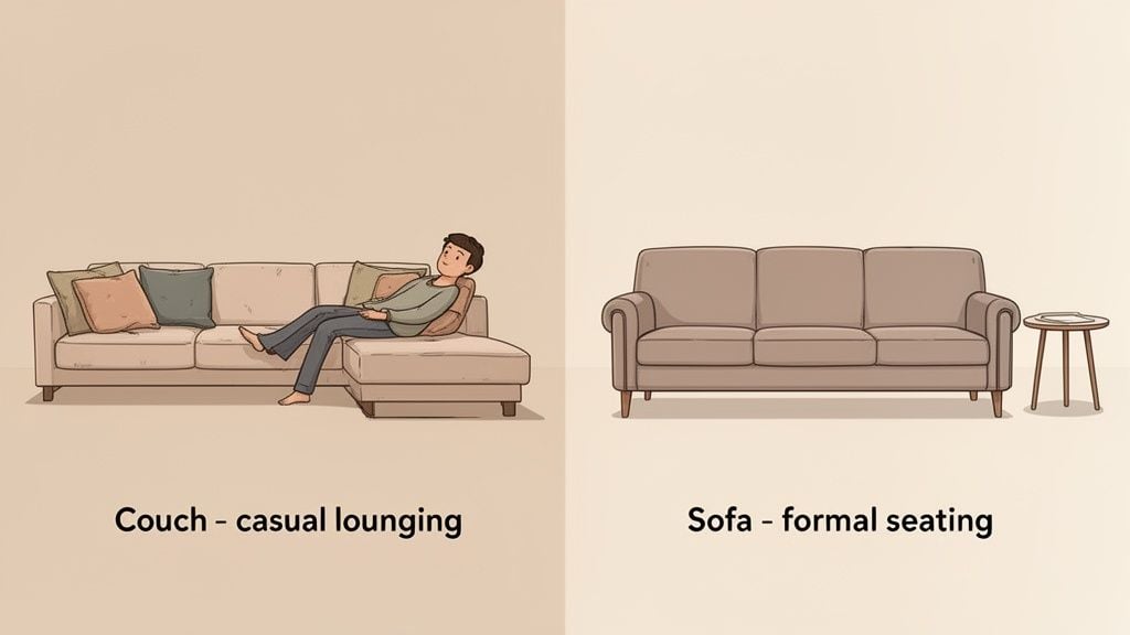Side-by-side illustration explaining the difference between a casual couch for lounging and a formal sofa for seating.