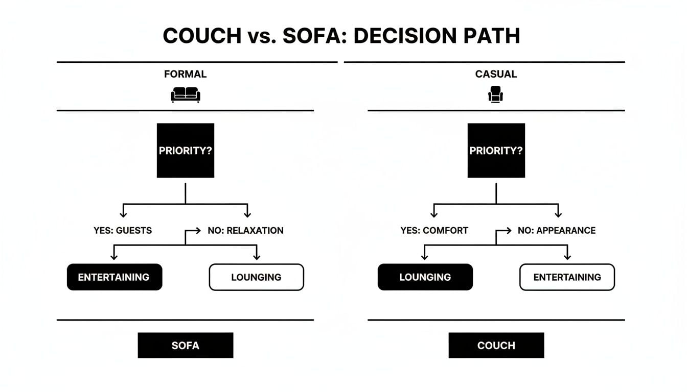 Decision path infographic comparing couch vs. sofa based on formal/casual use and priorities.