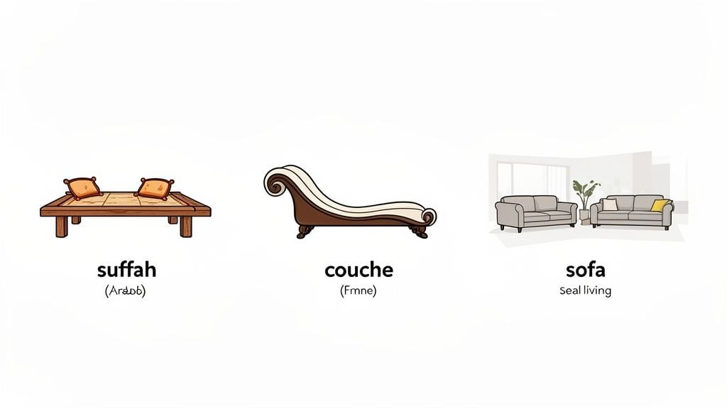 Illustrations comparing three seating styles: an ancient suffah, a classic chaise longue, and modern living room sofas.