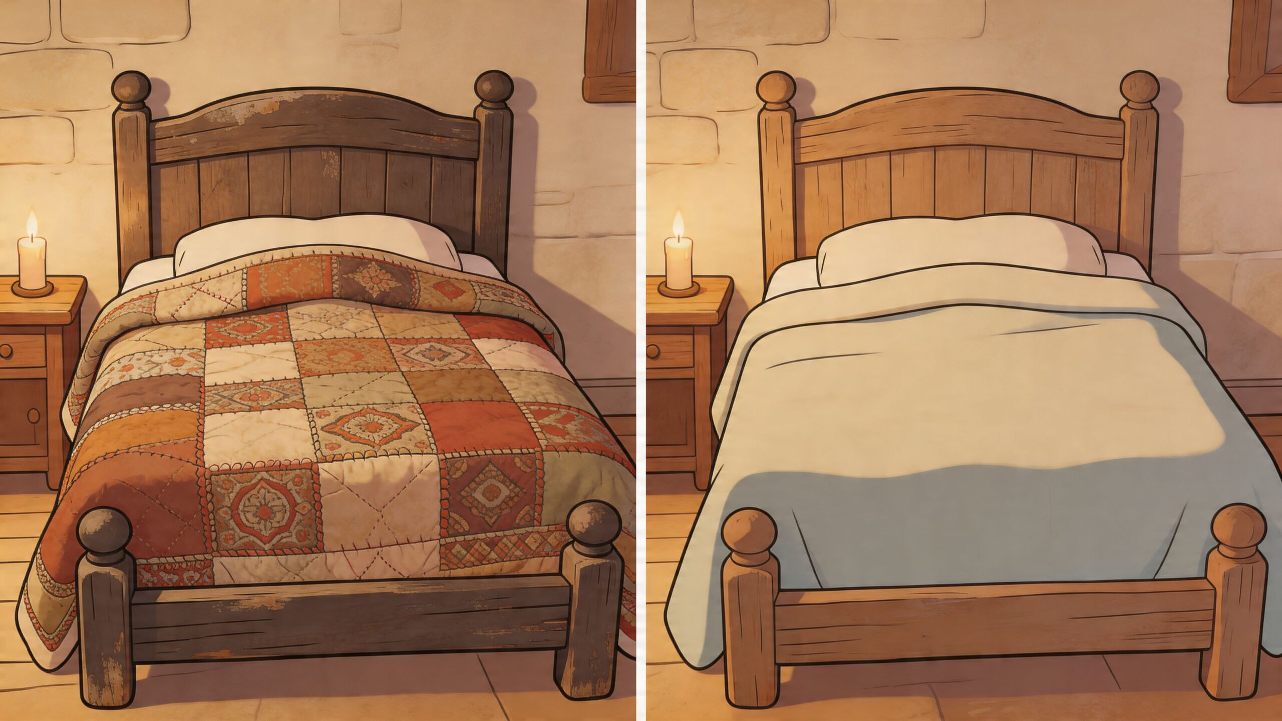 A side-by-side comparison of a bed featuring a textured patchwork quilt versus a smooth solid coverlet.