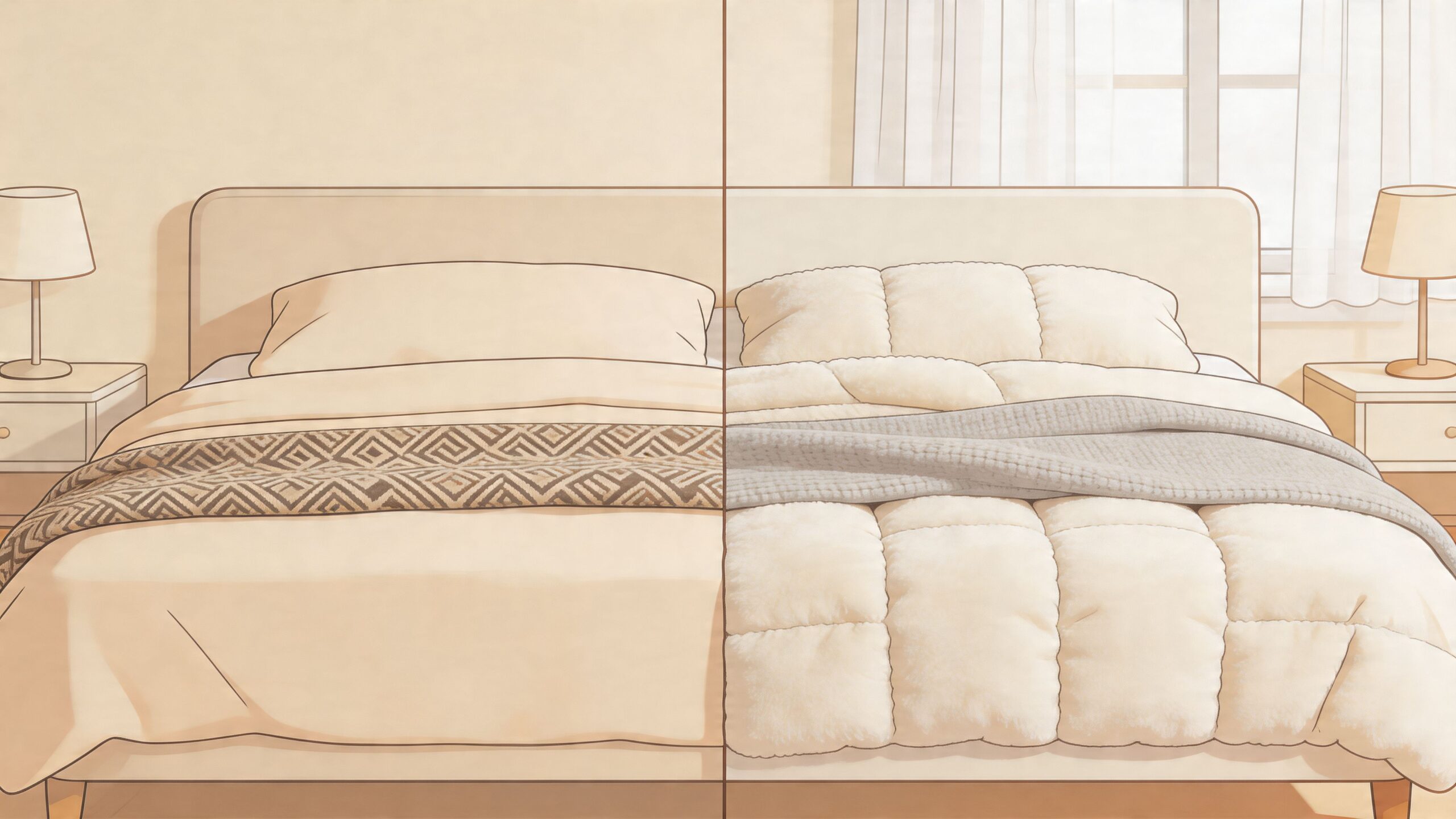 A split comparison image showing a smooth bed coverlet on the left and a textured quilt on the right.