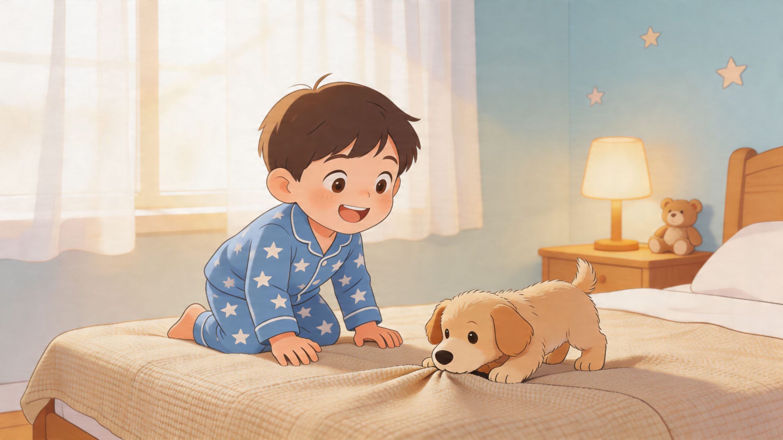 A happy young child in star-patterned pajamas playing with a cute puppy on a textured bed coverlet.