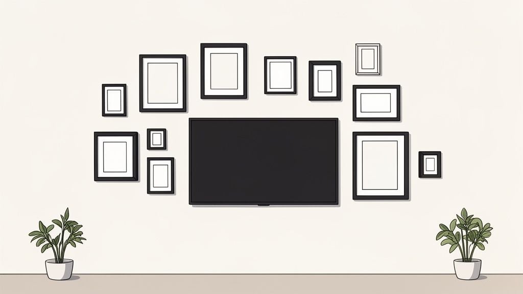 A stylish living room wall features a large TV surrounded by various empty black picture frames and two potted plants.