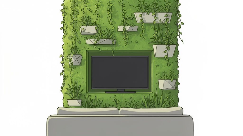 A stylish living room featuring a vibrant green plant wall, a flat-screen TV, and a cozy sofa.
