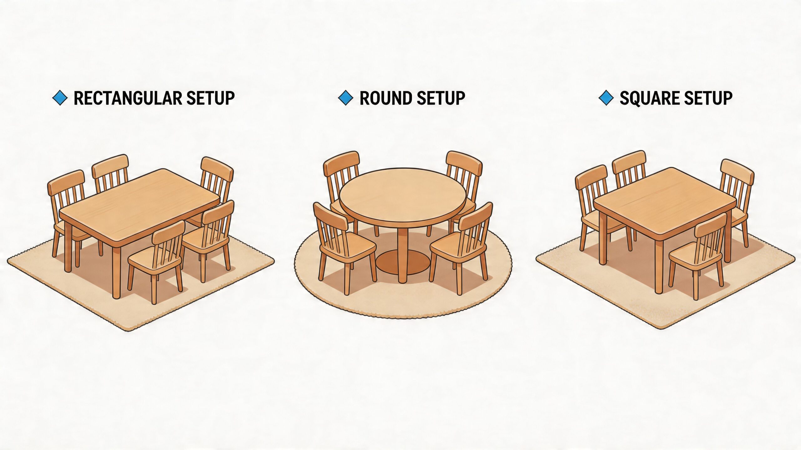 An illustration showing three dining table setups with rectangular, round, and square rugs underneath.