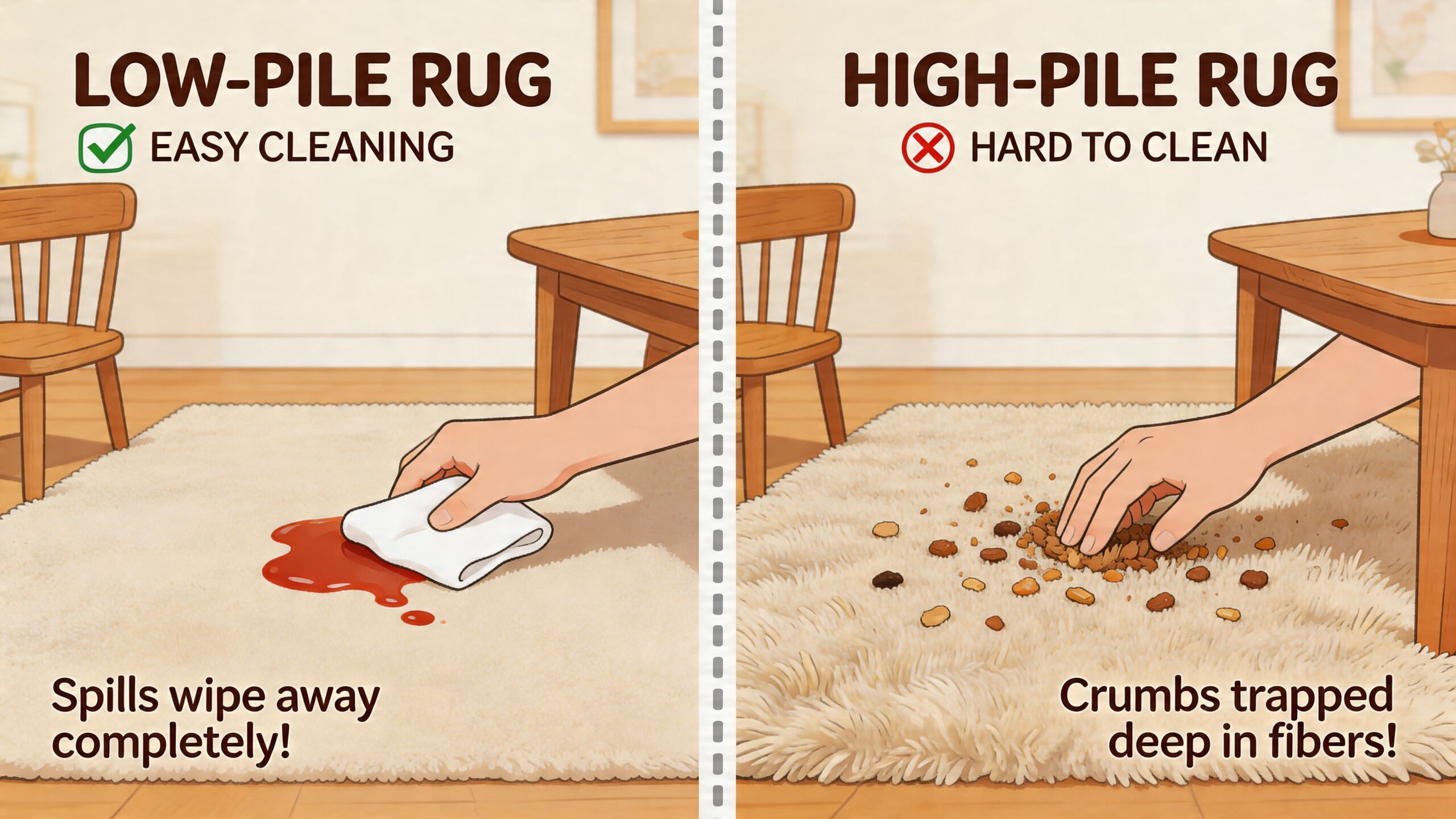 A comparison between a low-pile rug that cleans easily and a high-pile rug that traps crumbs.
