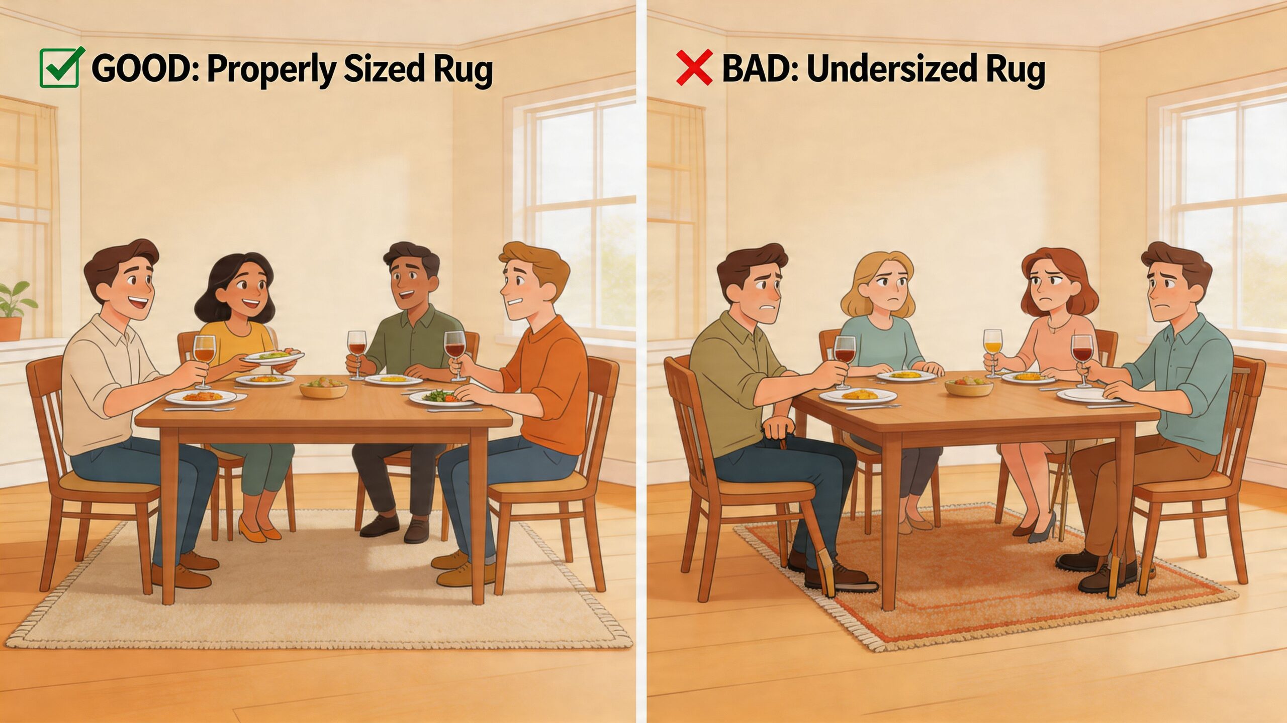 A comparison illustration showing proper and improper dining room rug sizes under a table with happy people.