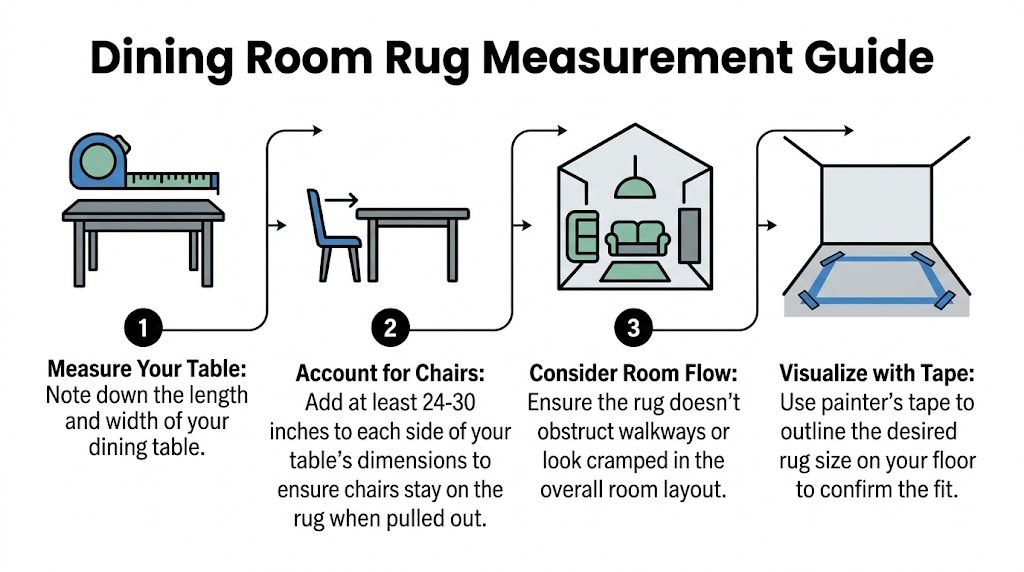A four-step infographic showing how to measure your floor space for a dining room rug.