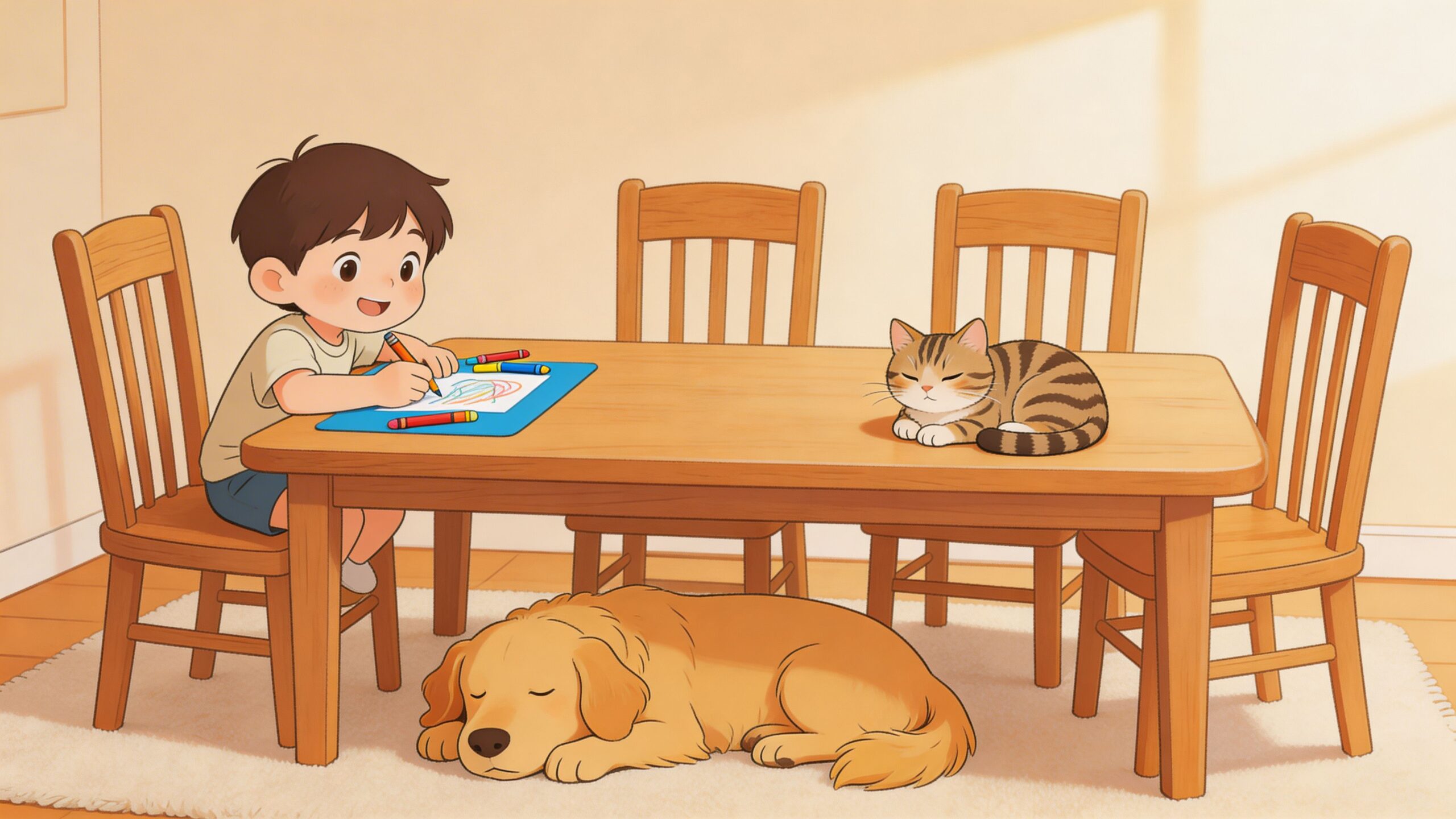 A young boy sits at a wooden dining table drawing while a cat sleeps nearby and dog rests below.