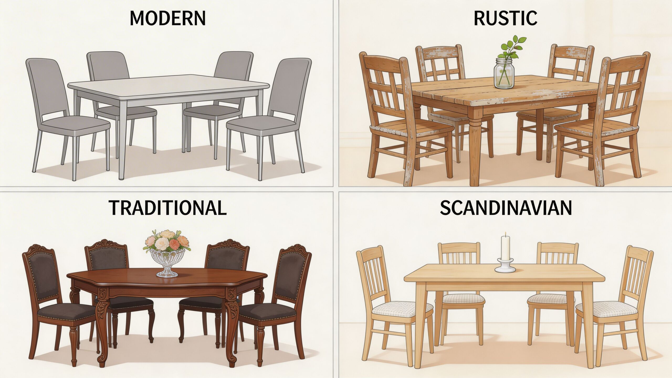 A collage showing four different styles of dining tables with four chairs each: modern, rustic, traditional, and Scandinavian.