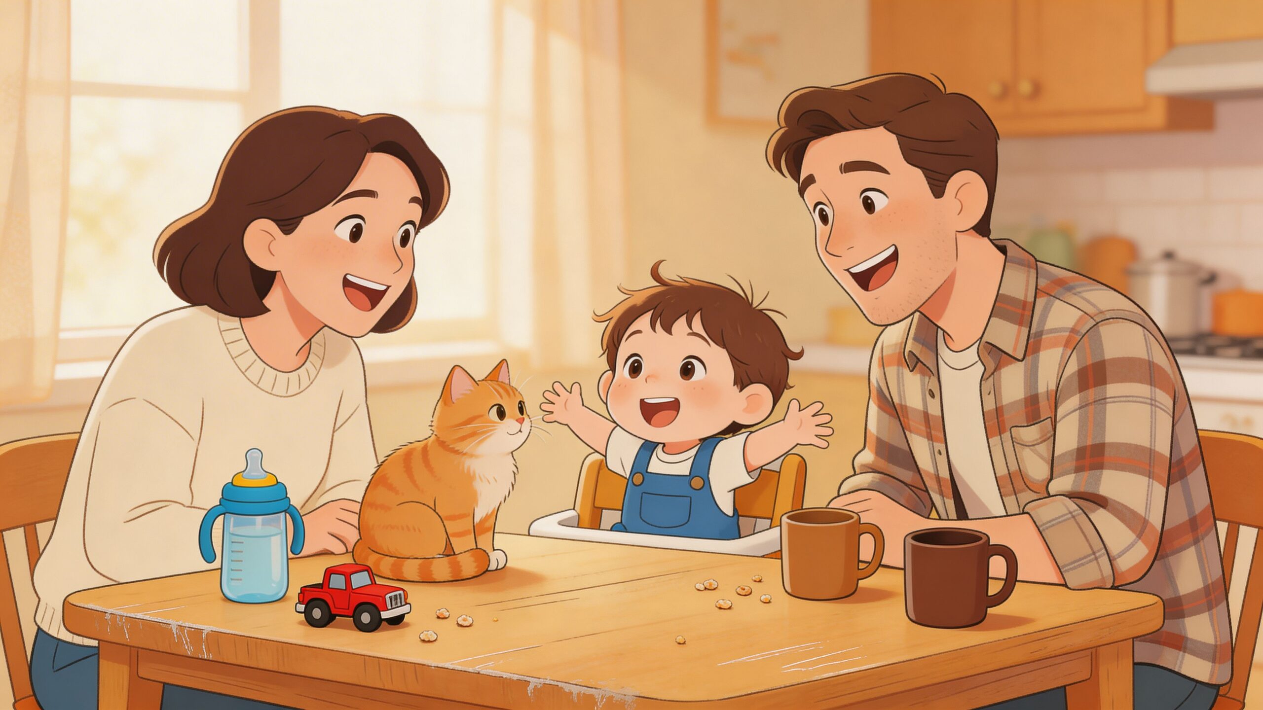 A young family including a mother, father, and happy toddler sitting at a wooden dining table with a cat.