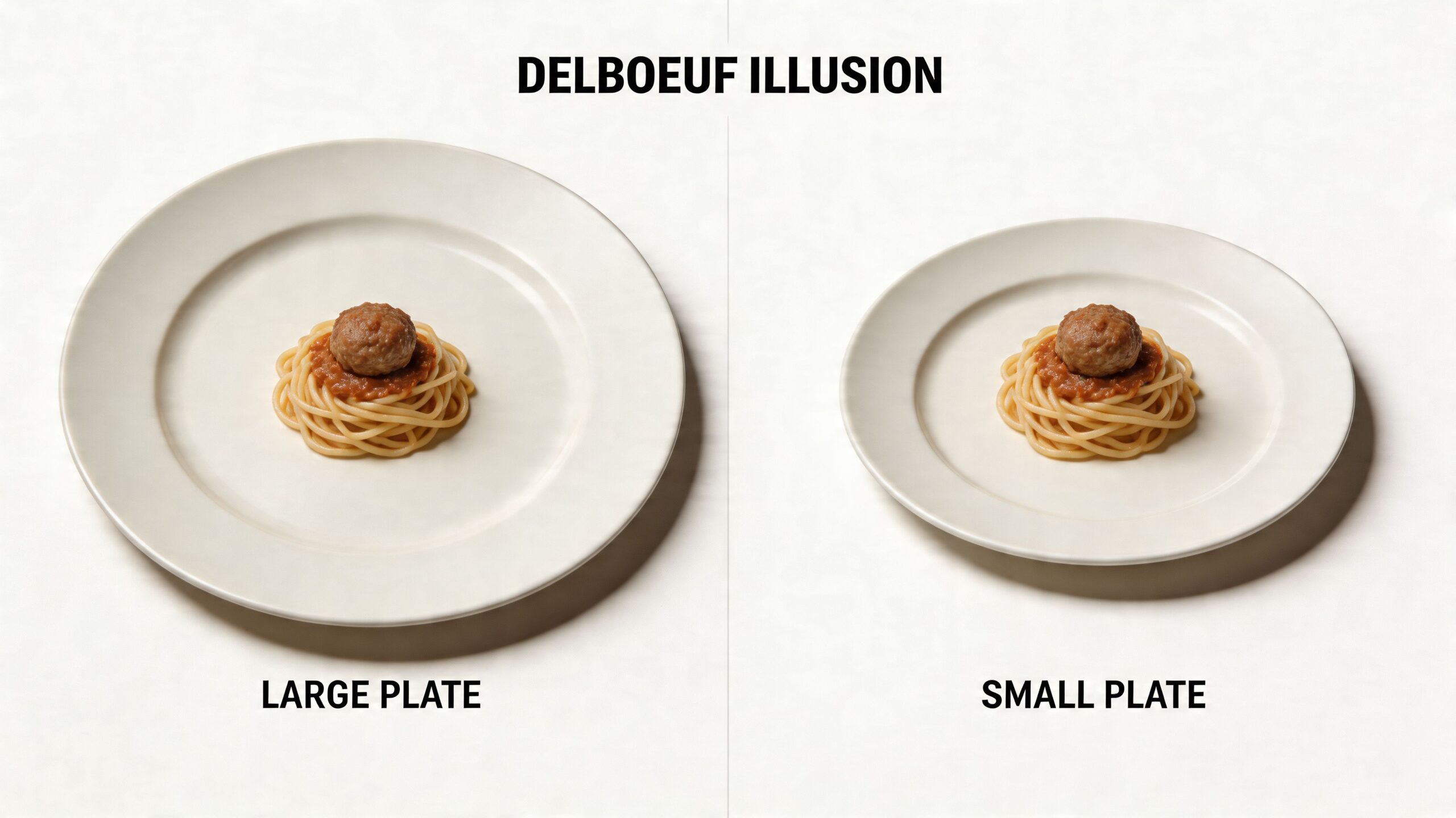 A visual comparison showing how the Delboeuf illusion affects the perceived size of identical spaghetti portions.