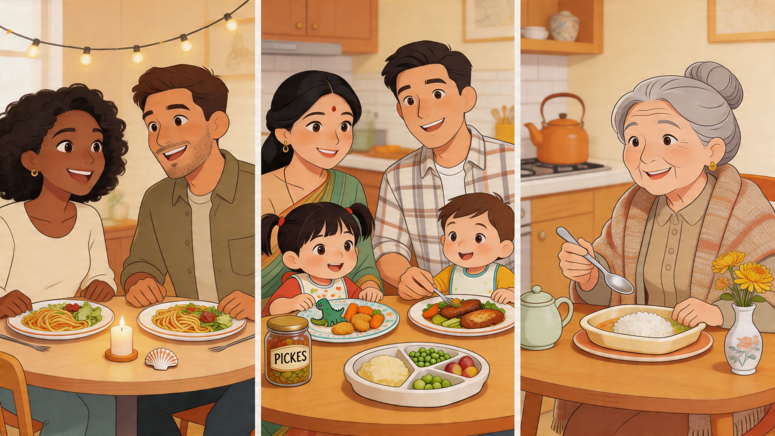 Three panels showing diverse families eating dinner with different healthy meals at cozy kitchen dining tables.