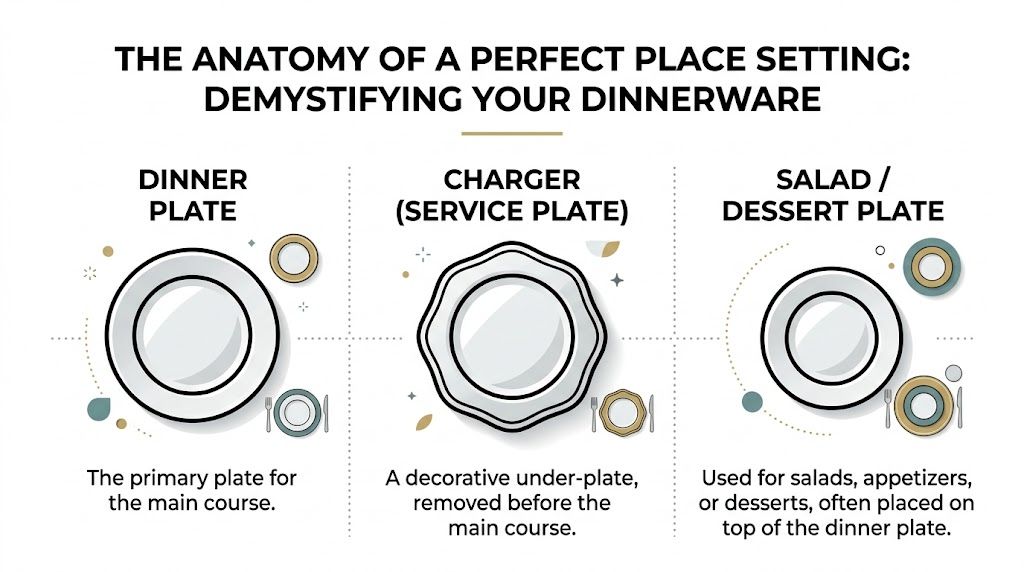 A diagram displaying the anatomy of place settings with a dinner plate, charger, and salad plate.
