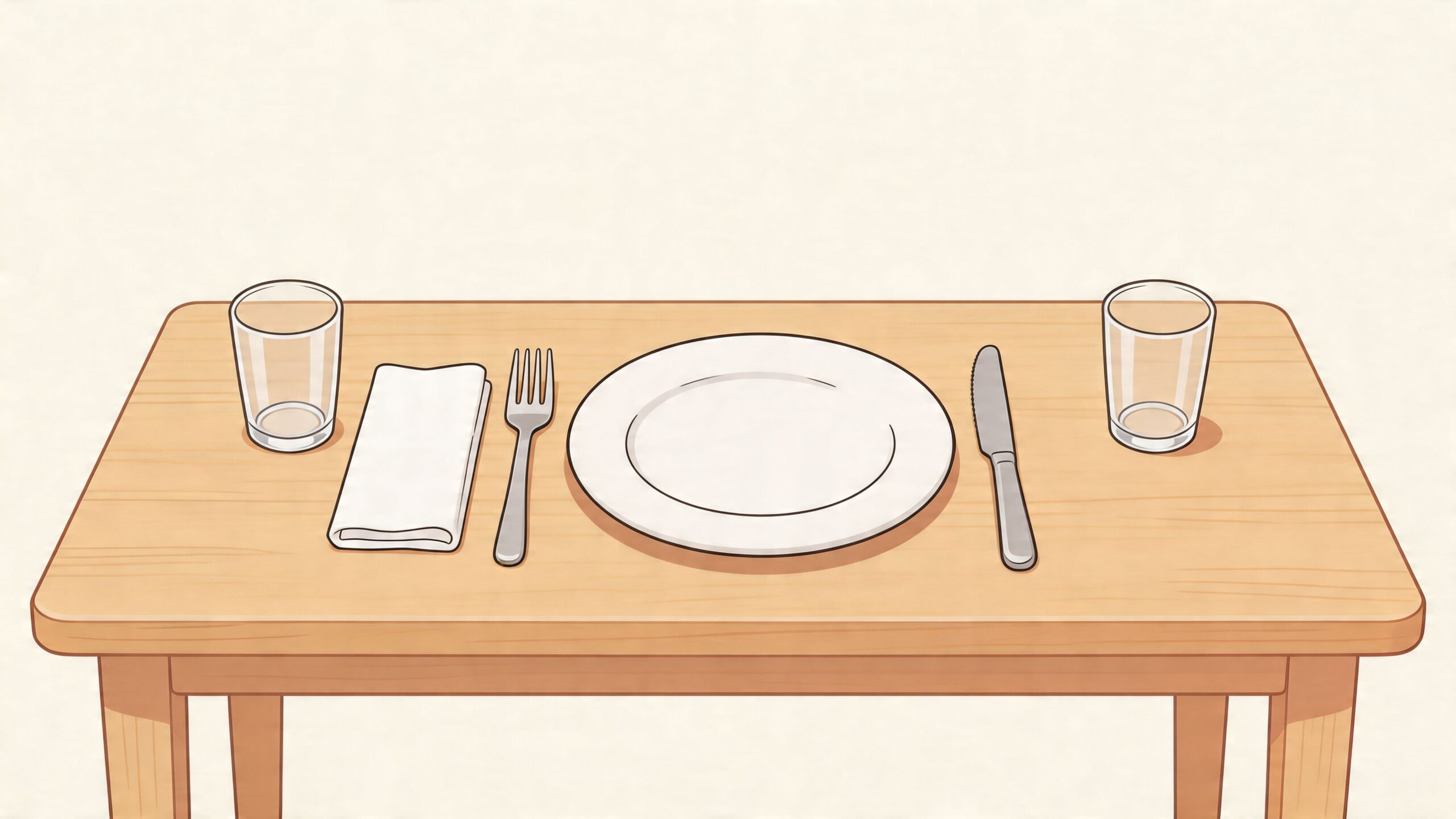 A minimalist wooden table set for one person with a plate, fork, knife, glass, and a napkin.