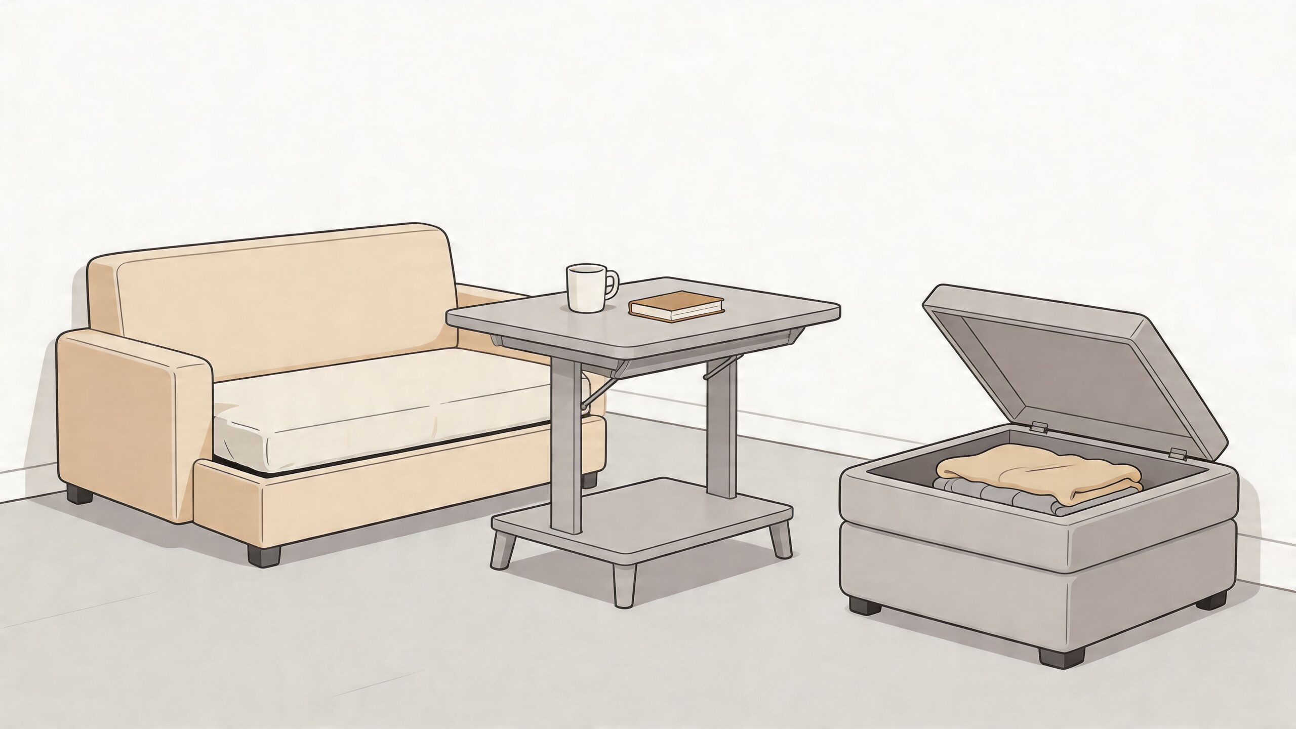 A minimalist living room illustration featuring a beige sofa, an adjustable coffee table, and an ottoman with storage.