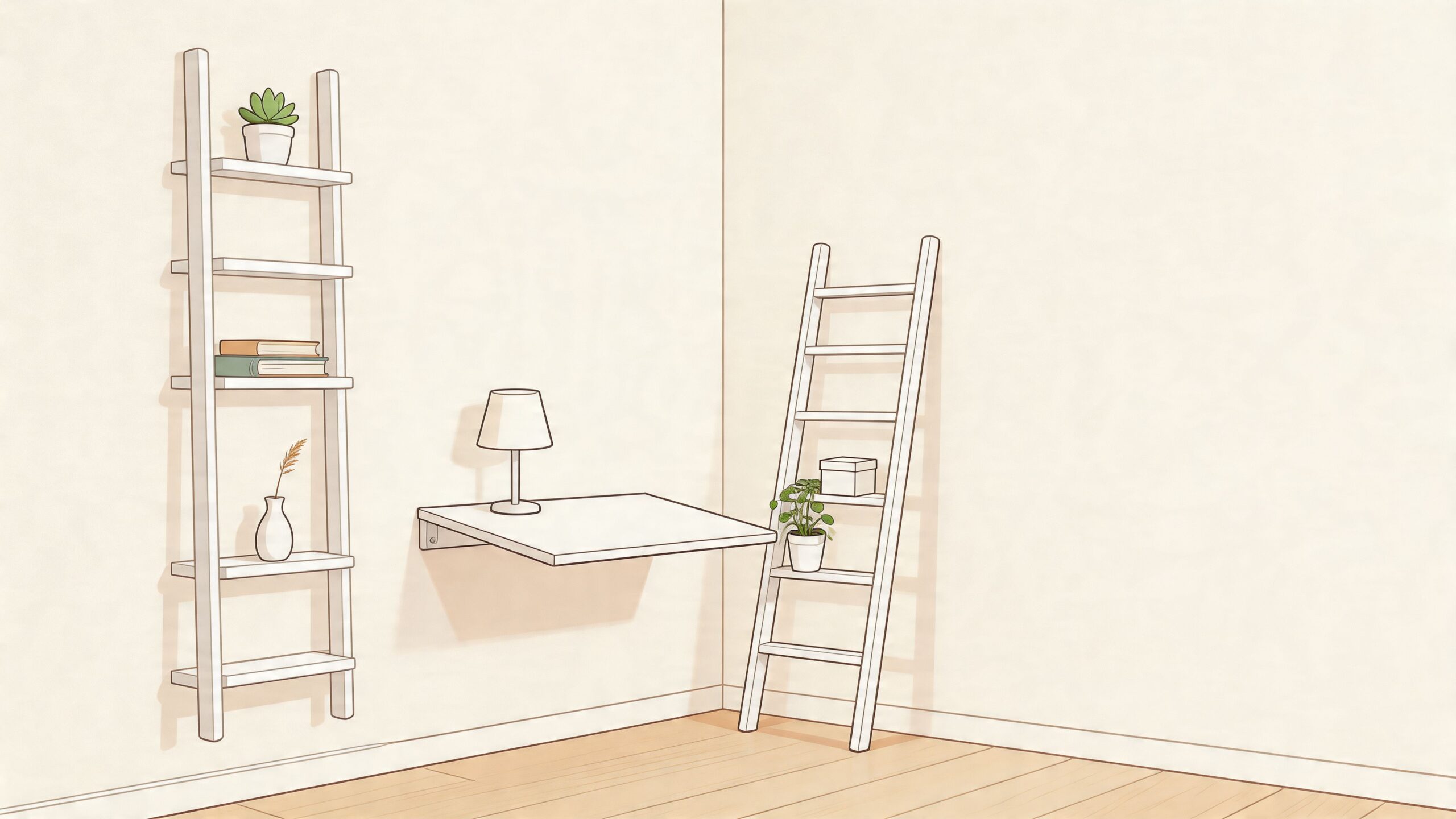 A minimalist home office corner with wall mounted ladder shelves, a folding desk, and decorative plants.