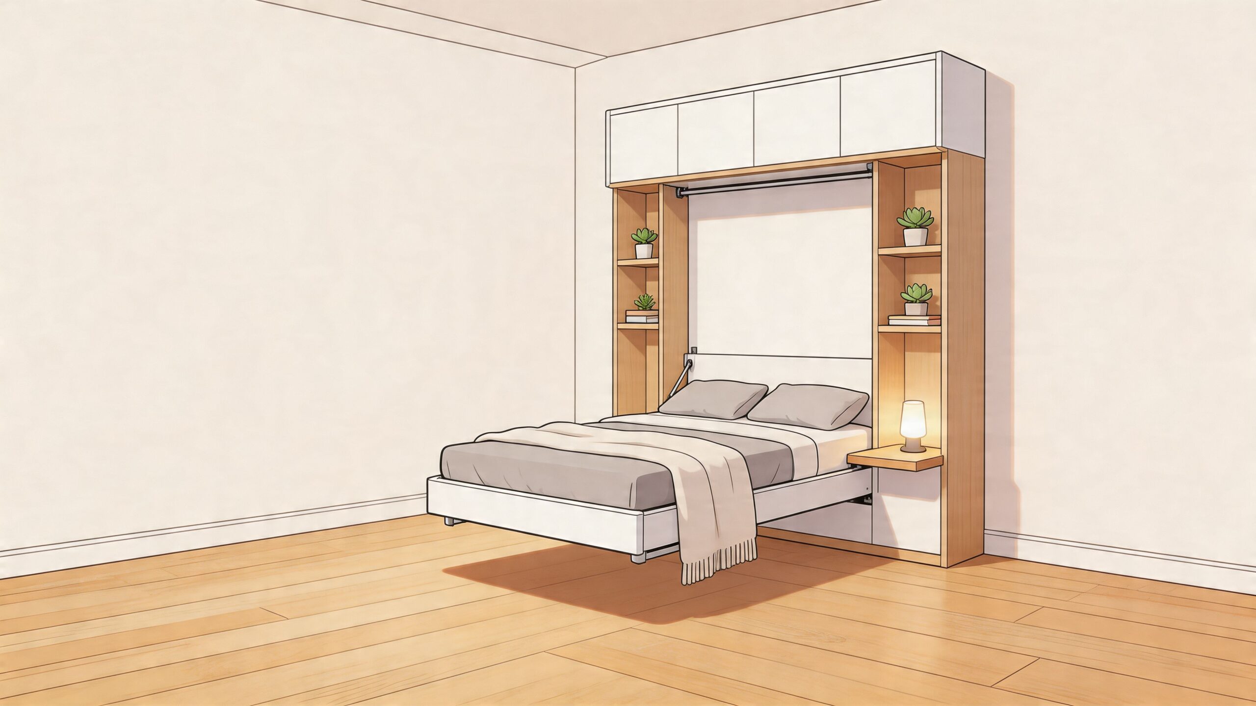 A modern murphy bed unit with built-in wooden shelving and white cabinets in a minimalist bedroom.