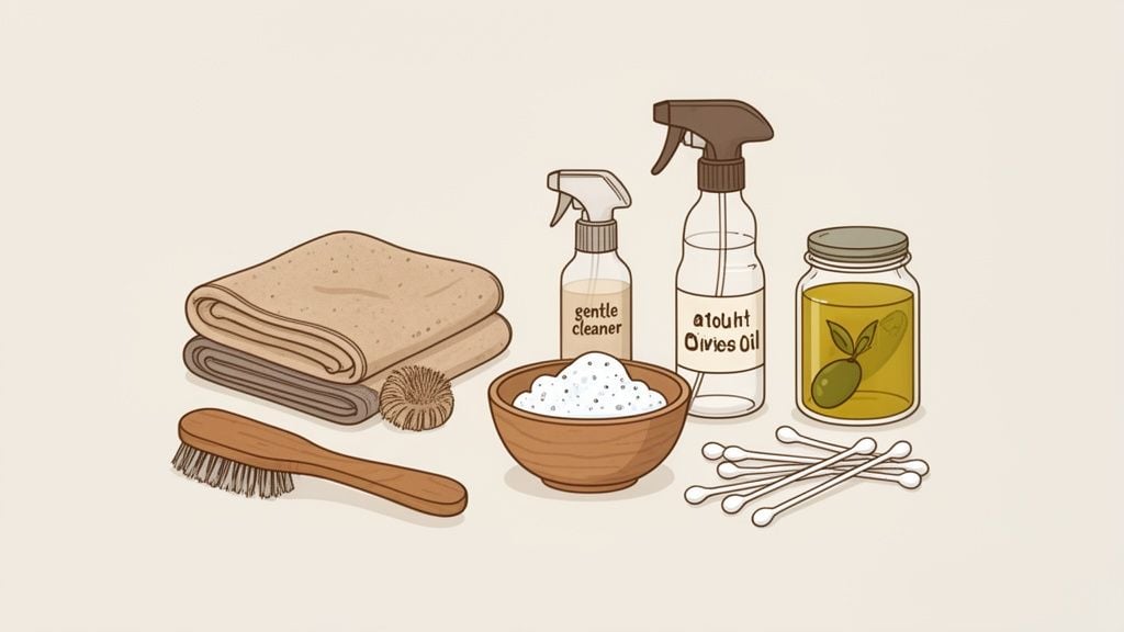 A collection of natural cleaning supplies: towels, brush, baking soda, olive oil, gentle cleaner, and cotton swabs.