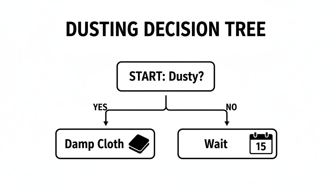 A dusting decision tree flowchart: If dusty, use a damp cloth; otherwise, wait.