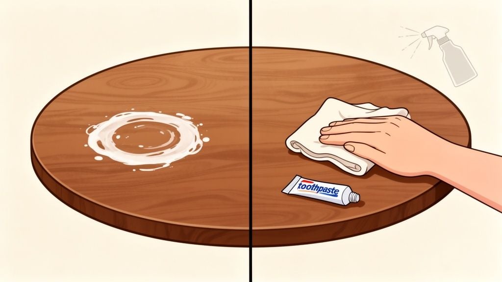 A split image shows a white water stain on a wooden table, being cleaned with toothpaste and a cloth.