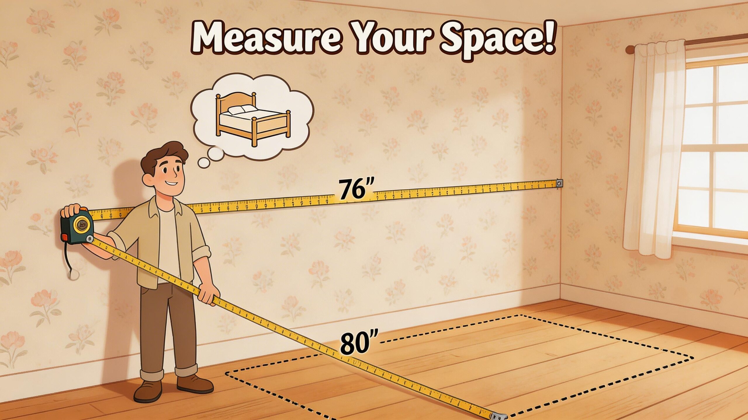 A man measuring a bedroom floor space with a tape measure to prepare for a king bed.