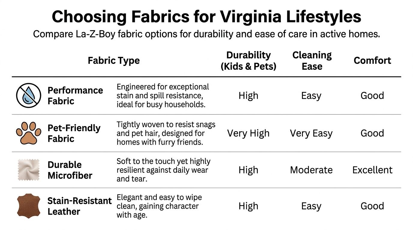 A comparison chart of La-Z-Boy fabric types showing their durability, ease of cleaning, and comfort levels.