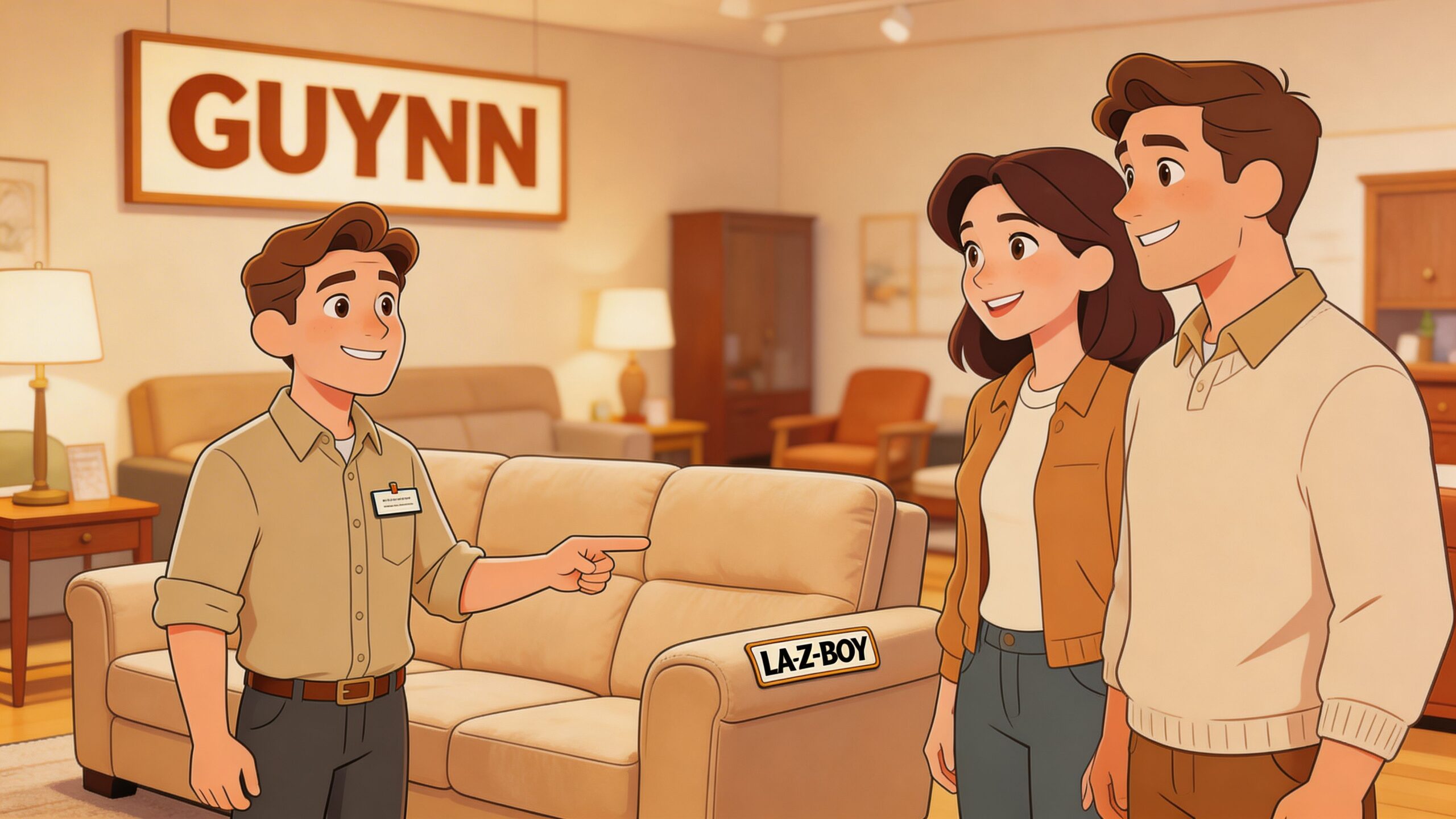 A friendly furniture store associate gesturing toward a La-Z-Boy sectional sofa to a young couple.
