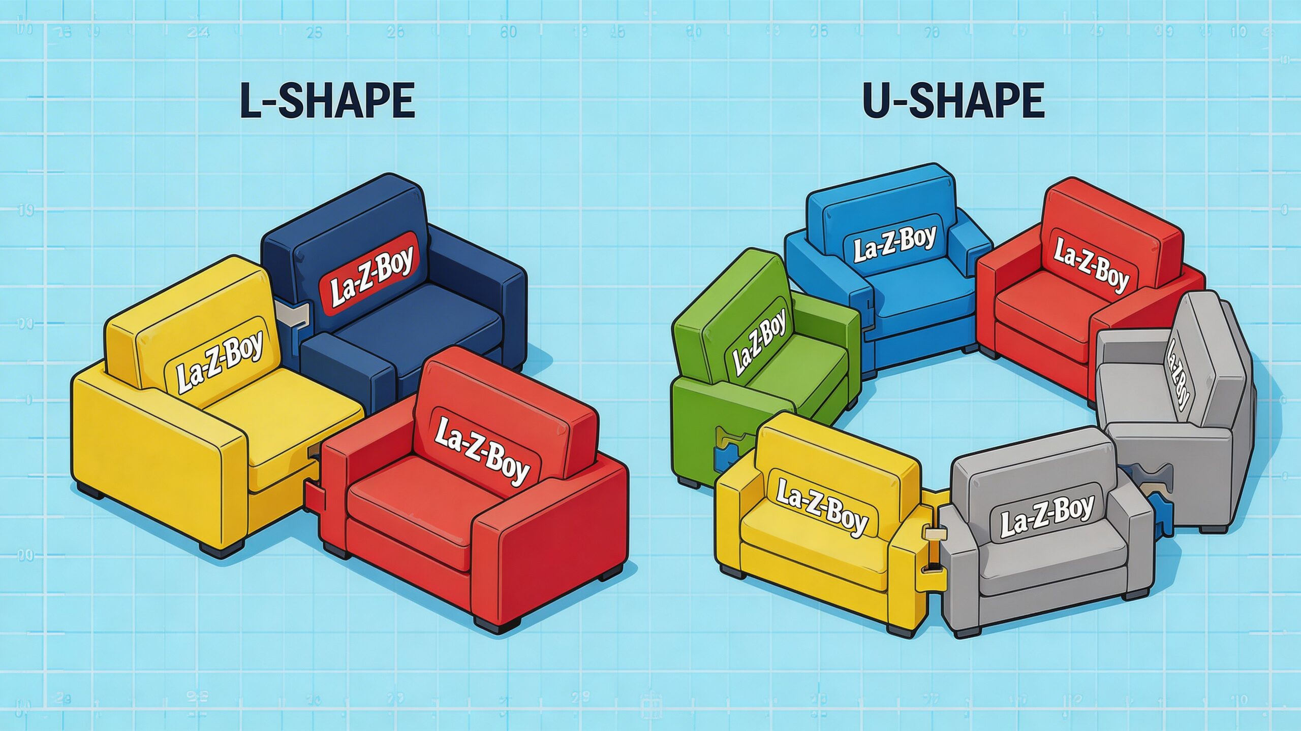 An illustration showing L-shape and U-shape sofa configurations using modular La-Z-Boy armchair units.