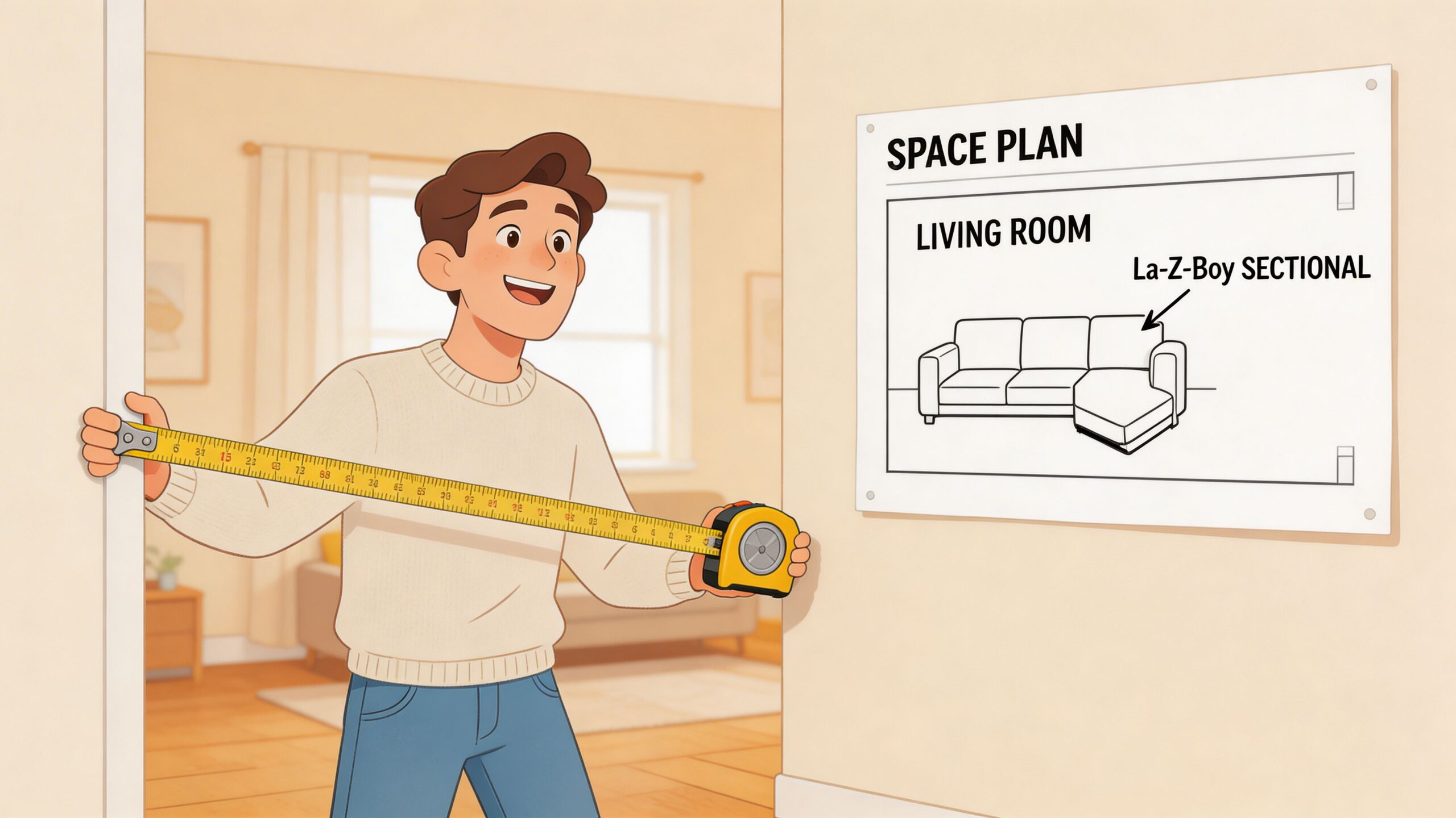 A young man happily measures a doorway while looking at a space plan for a La-Z-Boy sectional.
