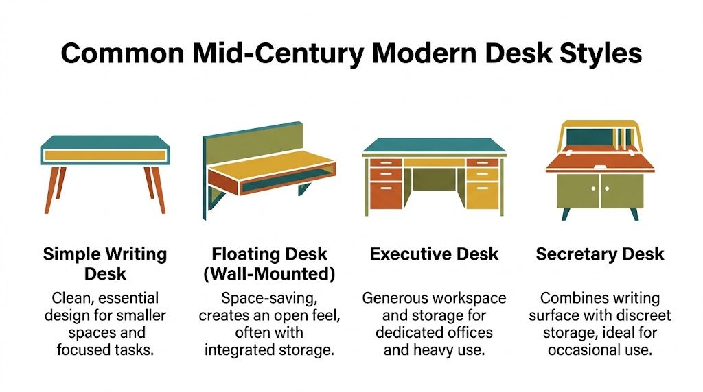 A graphic chart illustrating four common styles of mid-century modern desks with brief descriptions for each.