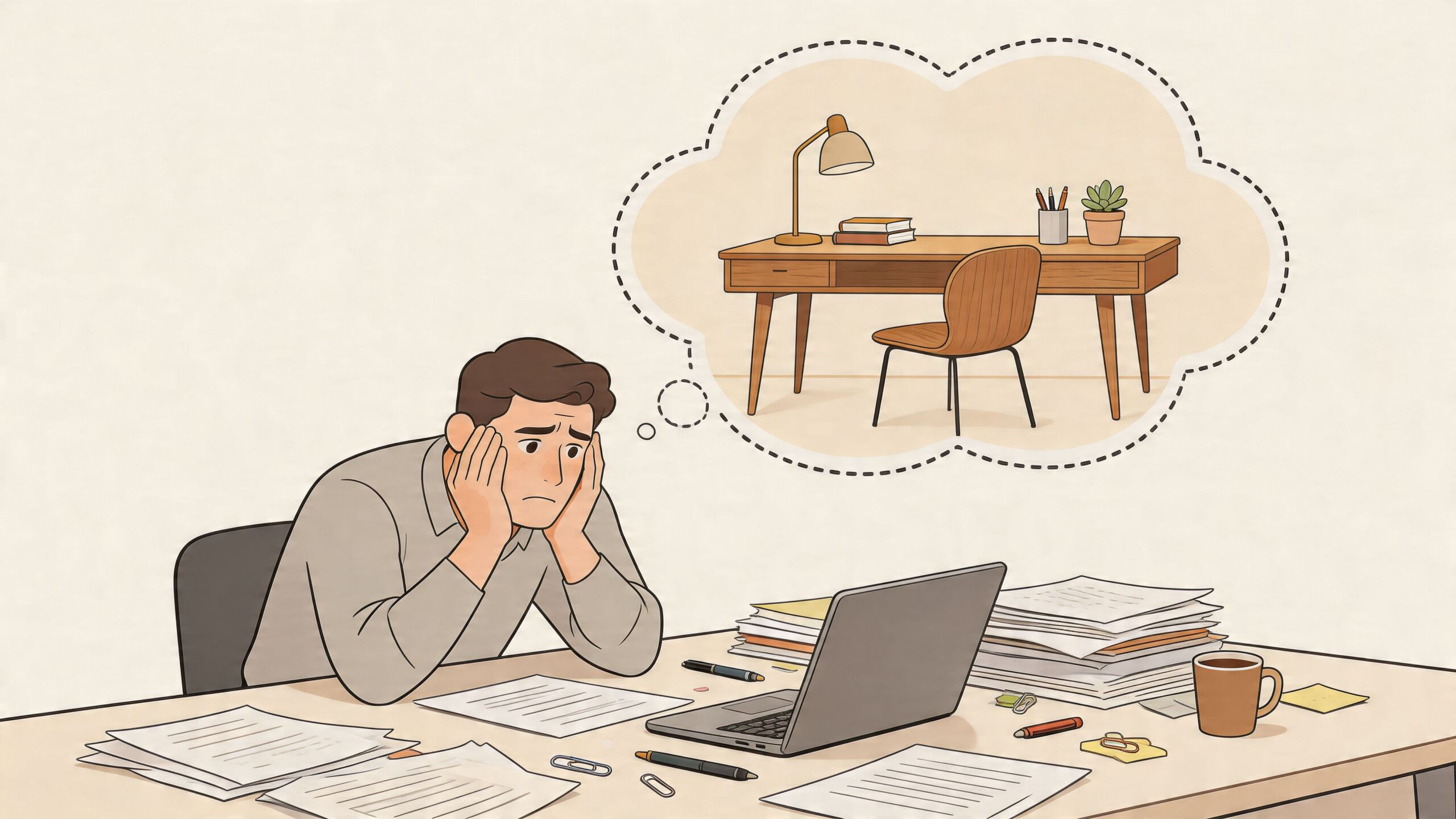 A stressed man sitting at a messy desk looking at his laptop and daydreaming about a tidy workspace.
