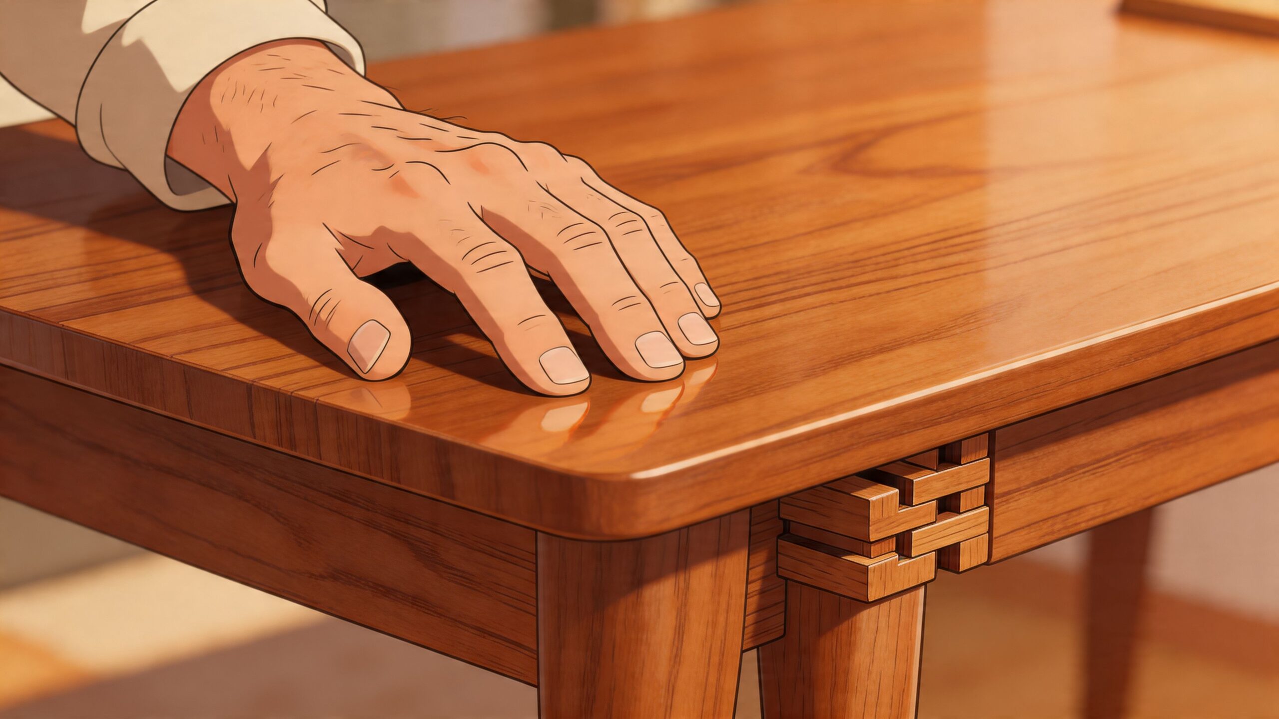 A close up view of a person's hand resting on a polished wooden mid century modern desk surface.