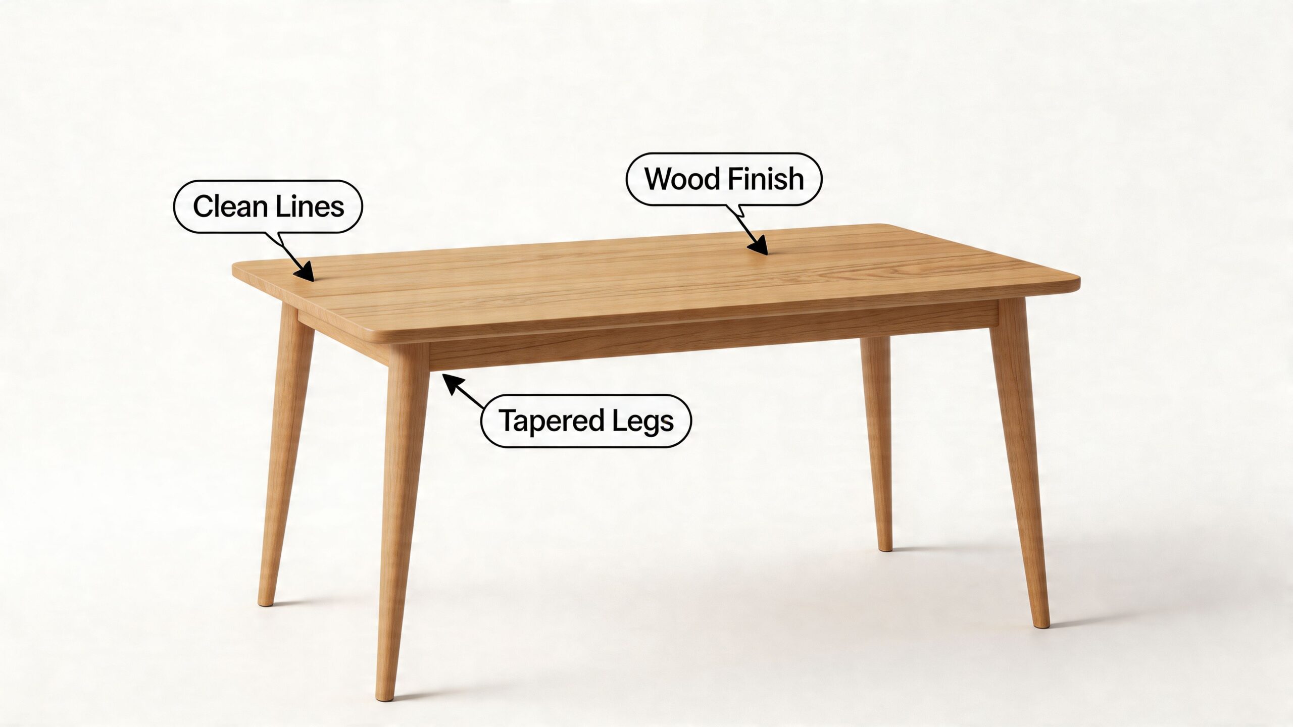 A modern wooden dining table with tapered legs and clean lines against a plain white background.