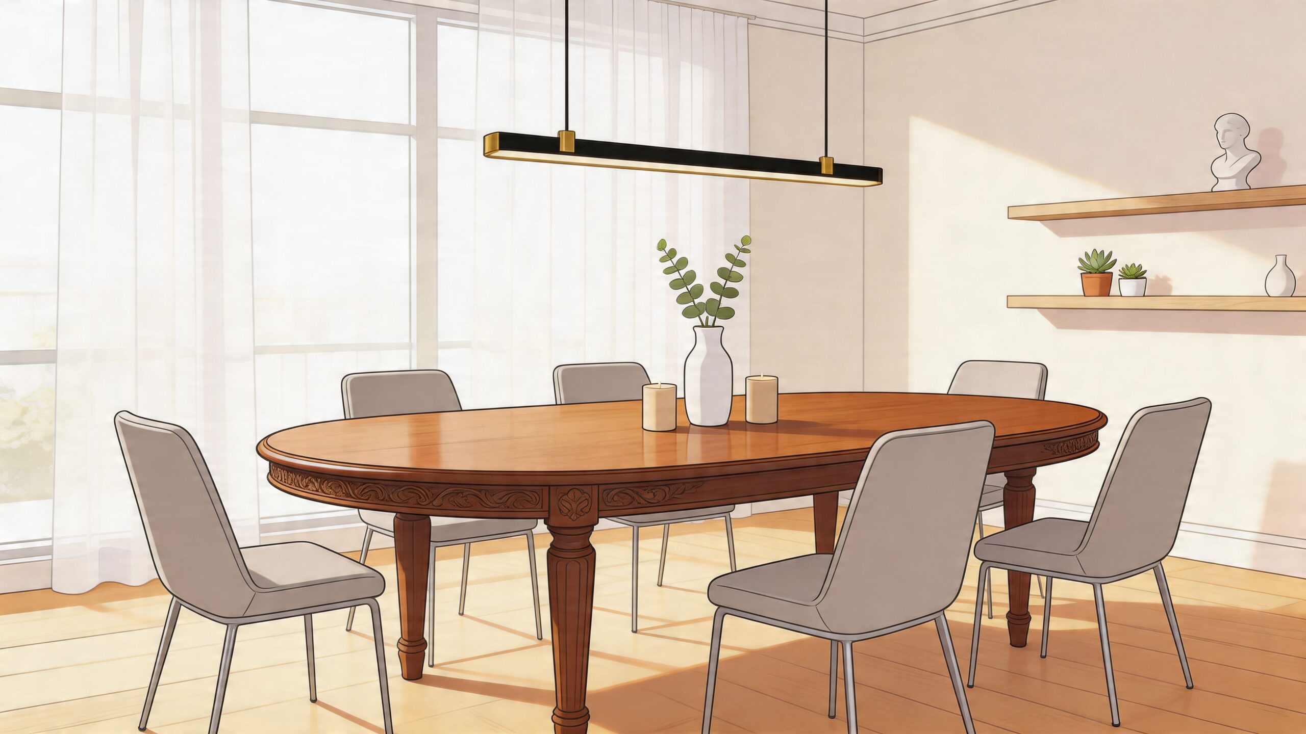 A modern dining room featuring a vintage oval dining table surrounded by stylish gray chairs and decor.