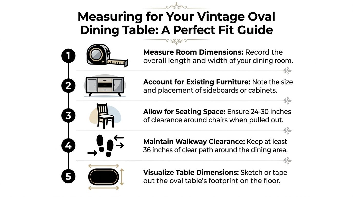 A five-step instructional guide on how to measure room space for a vintage oval dining table.