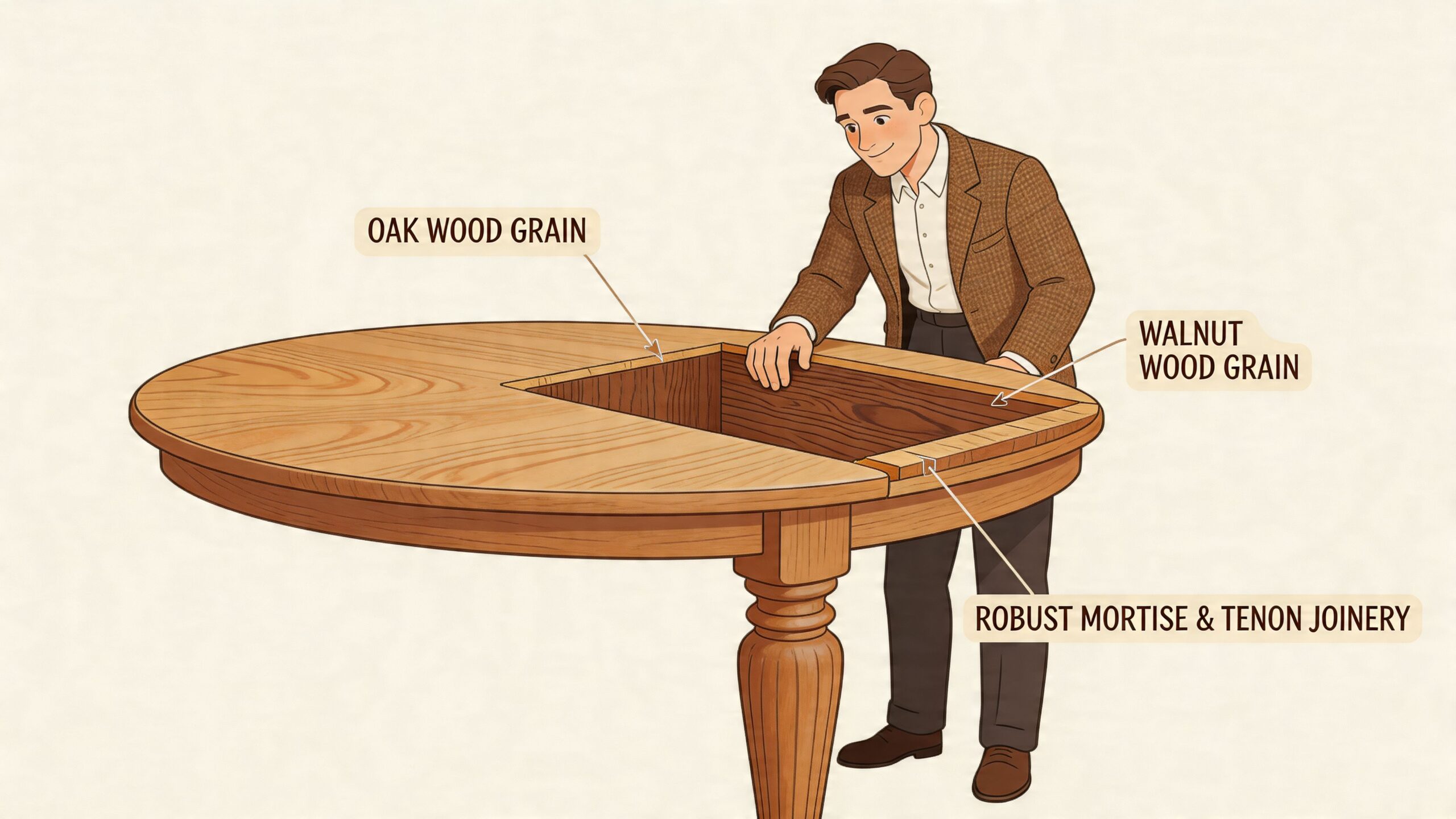 A man demonstrating the construction details of a vintage oval dining table showing different wood grains.