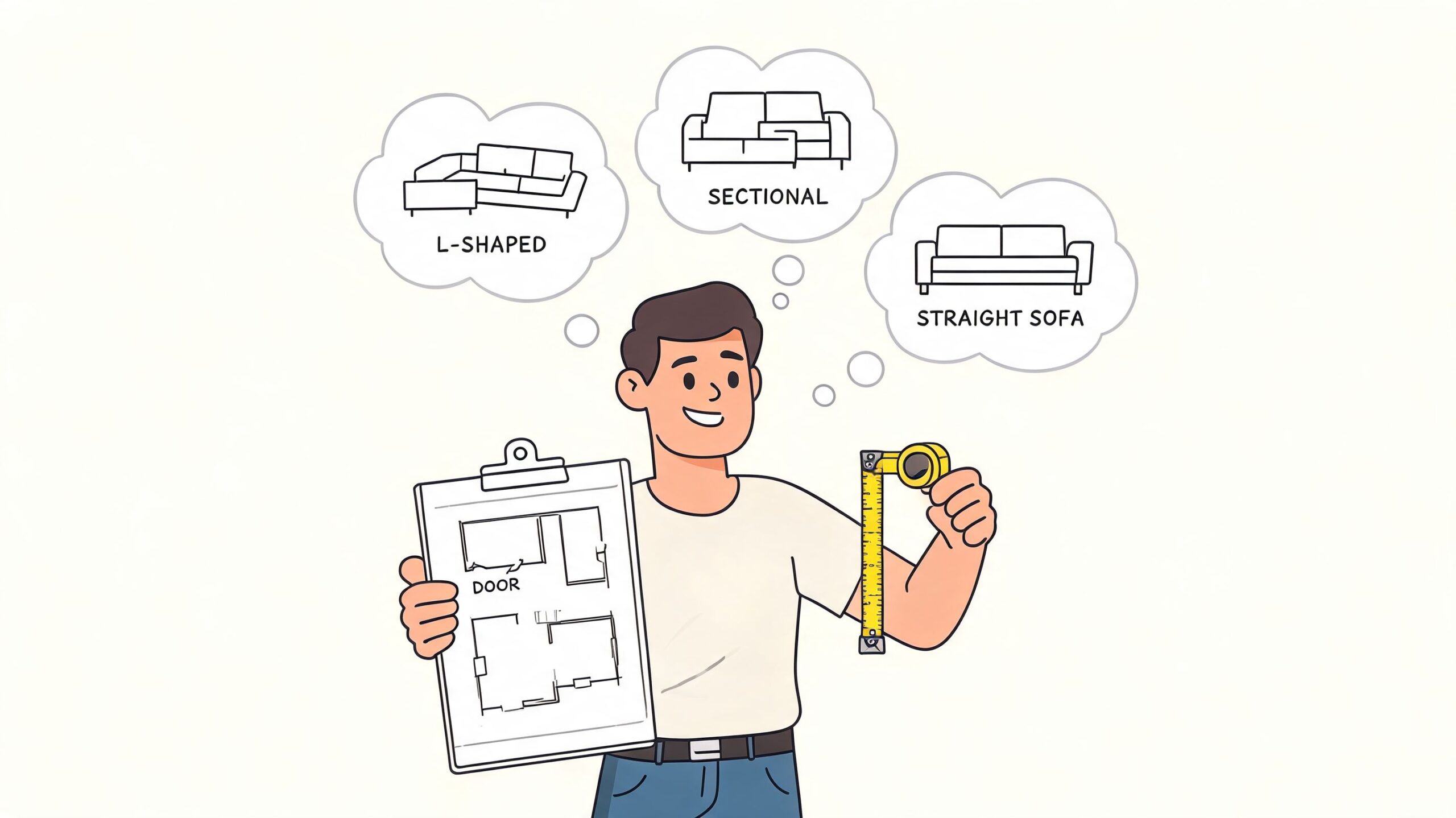 A man holding a floor plan and tape measure while considering different types of sofa styles.
