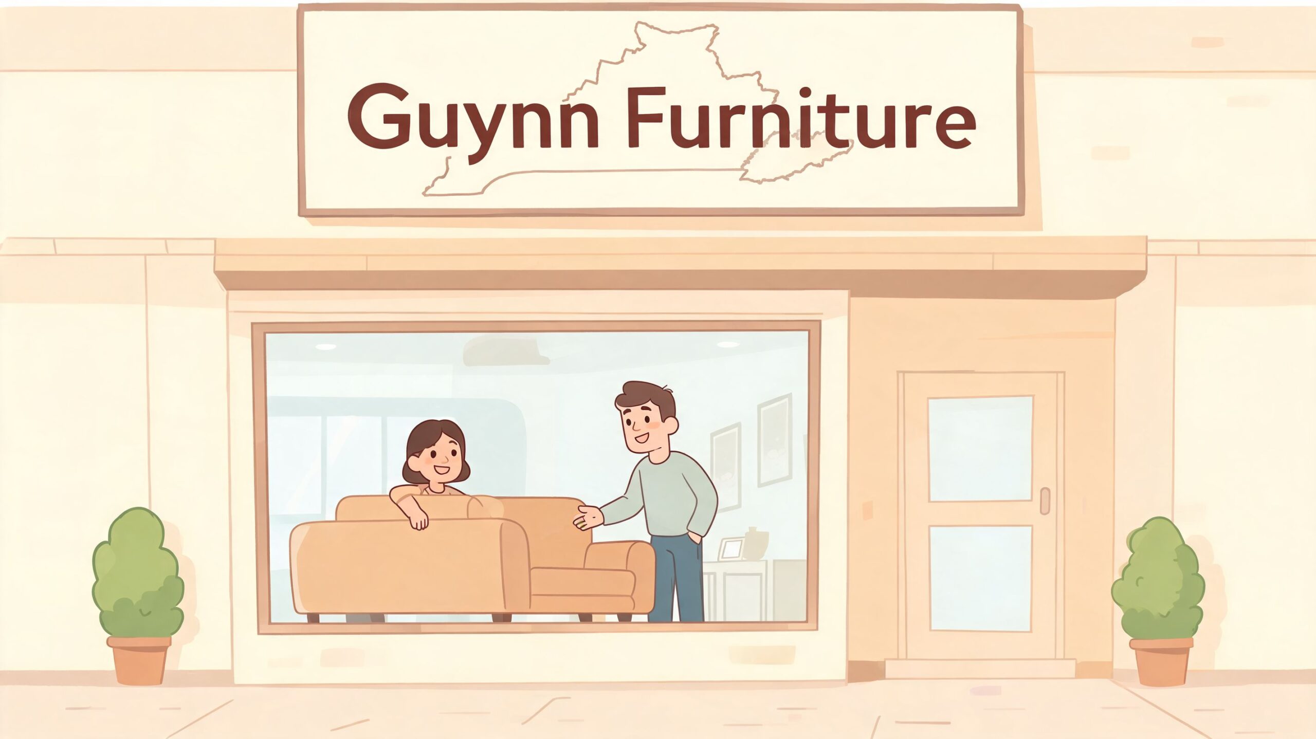 A couple shopping for a new sofa inside a bright and friendly local furniture store.