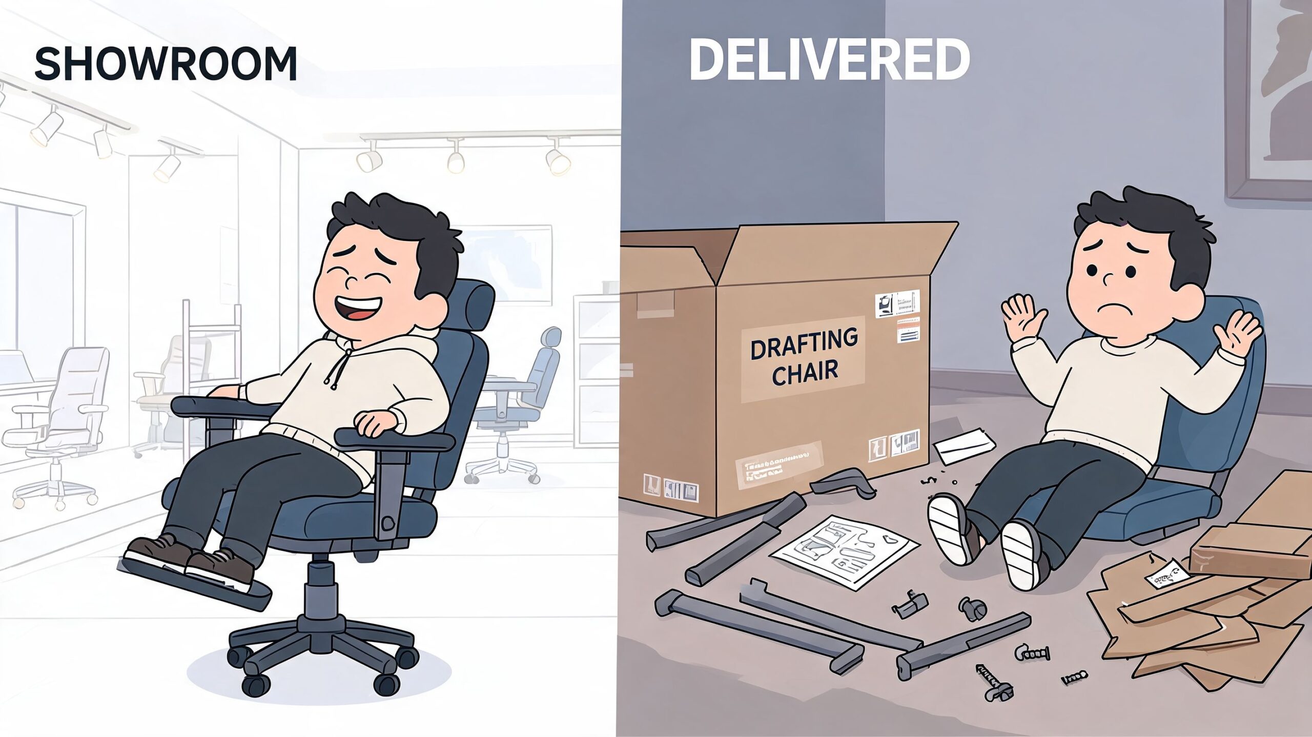 A split illustration comparing a person sitting in a comfortable assembled drafting chair and a frustrated person assembling a chair.