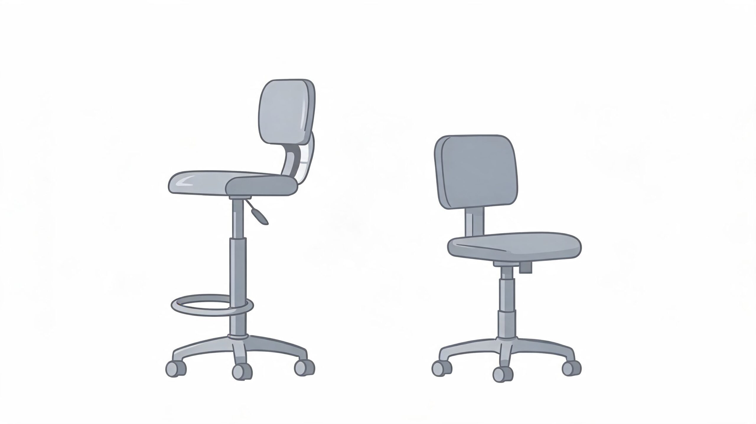 An illustration showing a tall drafting chair with a footrest and a standard height office chair.