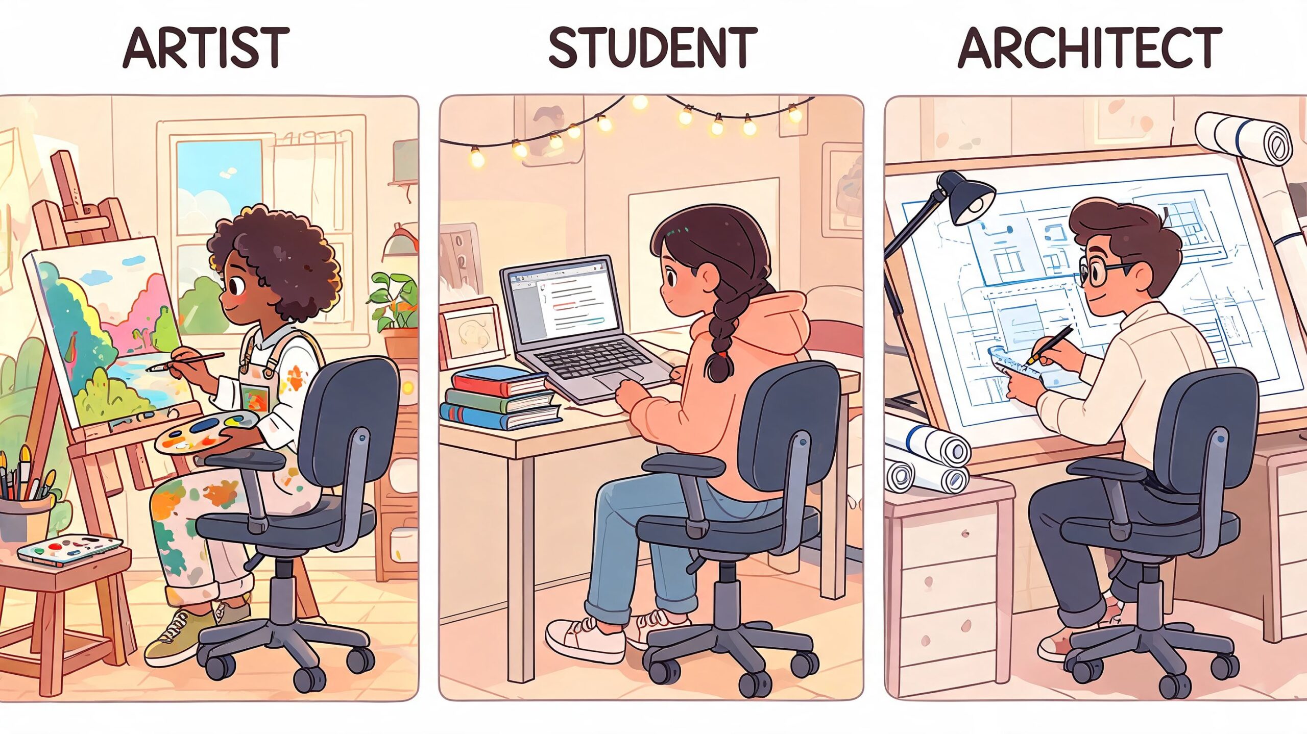 An artist, student, and architect each working in their specialized studios using comfortable ergonomic office chairs.