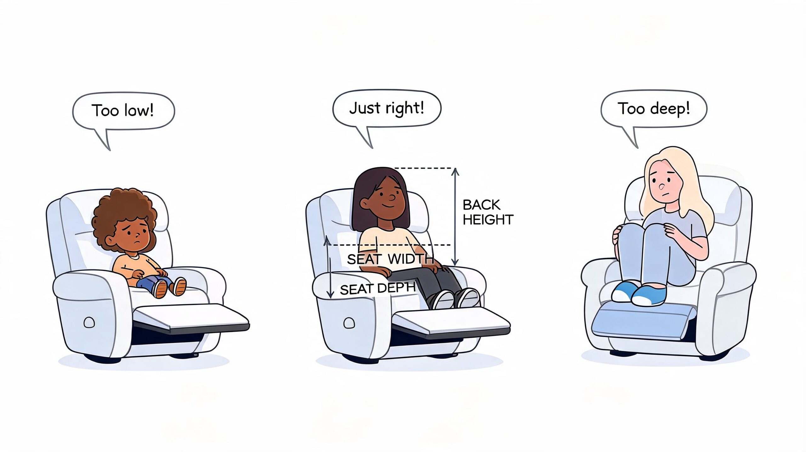 A diagram illustrating how to choose the right power lift recliner size based on human body proportions.