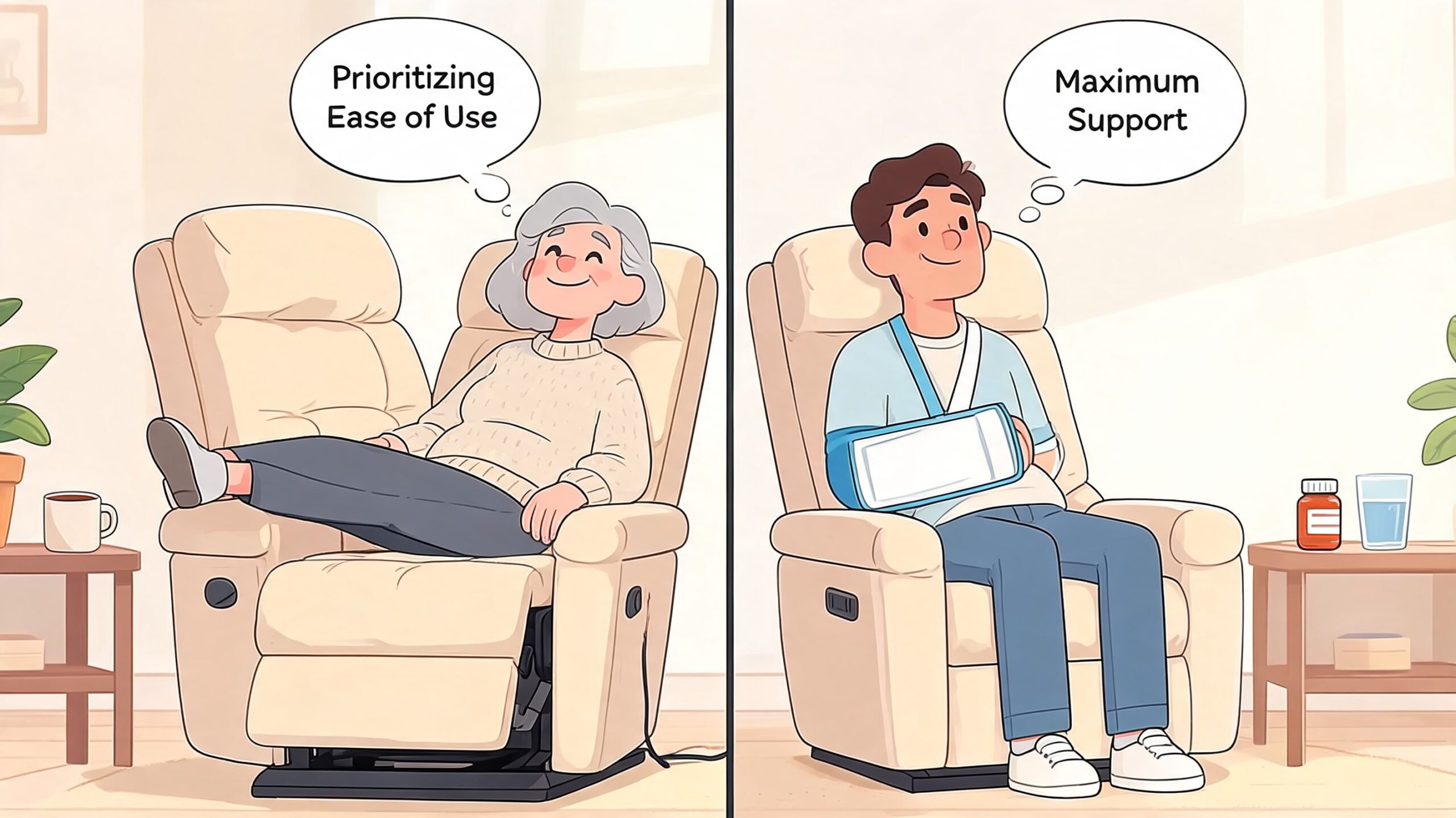 An illustration comparing a senior woman relaxing in a power recliner with a man using one for support.