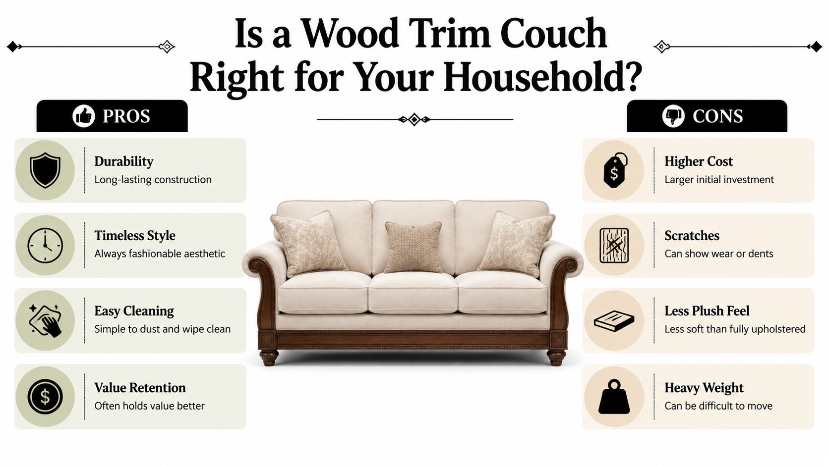 An infographic comparing the pros and cons of owning a sofa featuring decorative wood trim detailing.