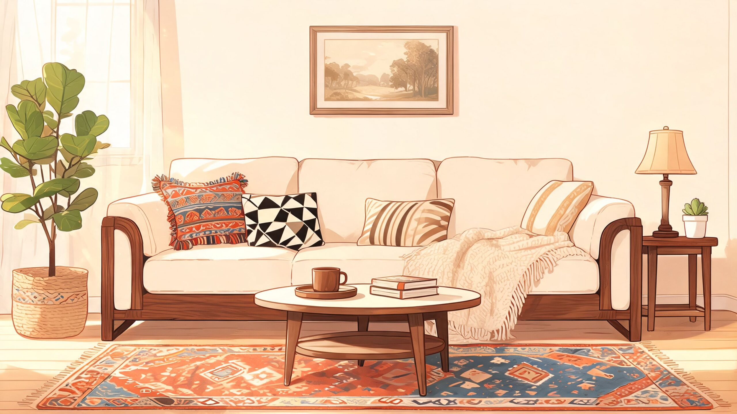 A cozy cream-colored couch with wood trim, decorative pillows, and a coffee table in a sunlit living room.