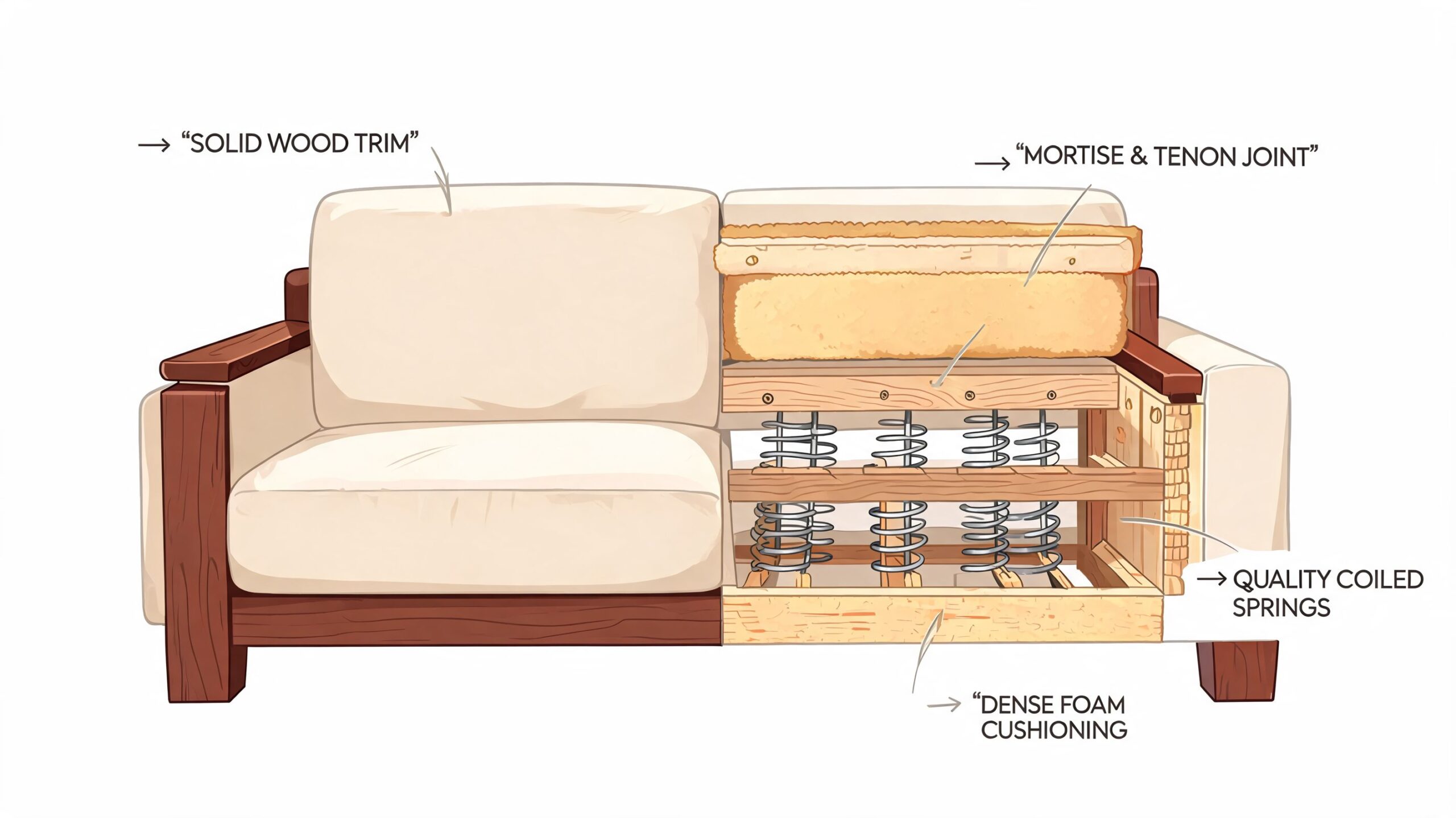 A cutaway illustration of a sofa revealing its internal construction, wooden frame, springs, and foam cushions.