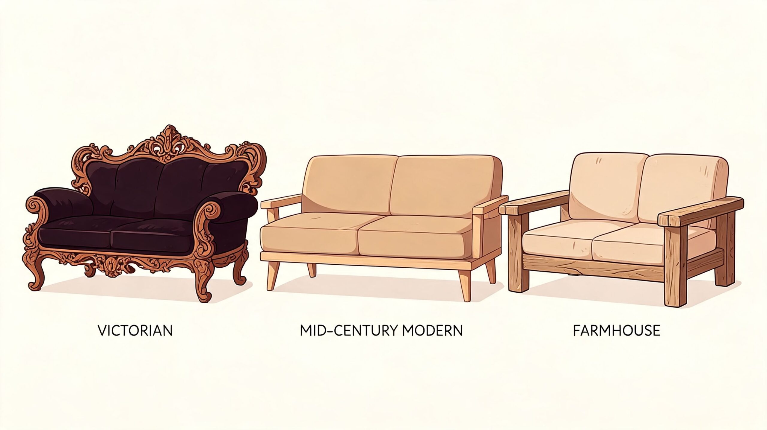 An illustration comparing Victorian, Mid-Century Modern, and Farmhouse style sofas featuring wooden frames and upholstery.