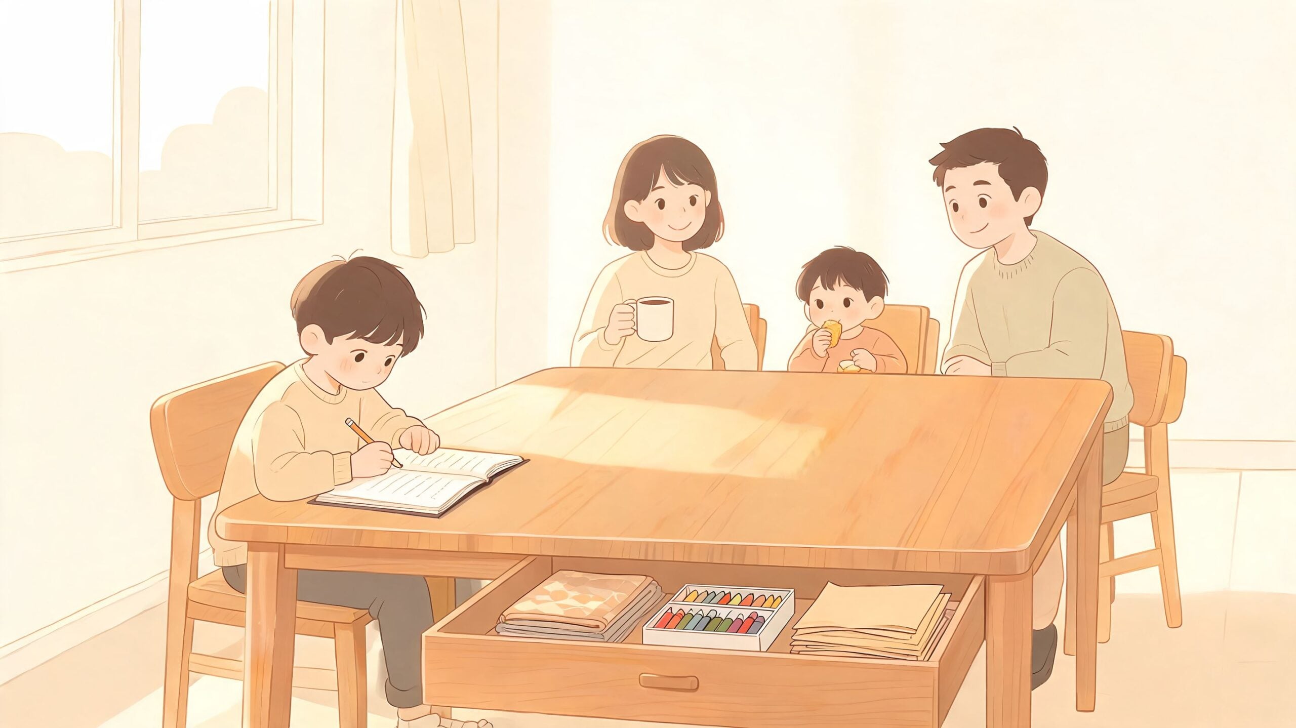 A happy family sitting together at a wooden dining room table with a boy doing homework.