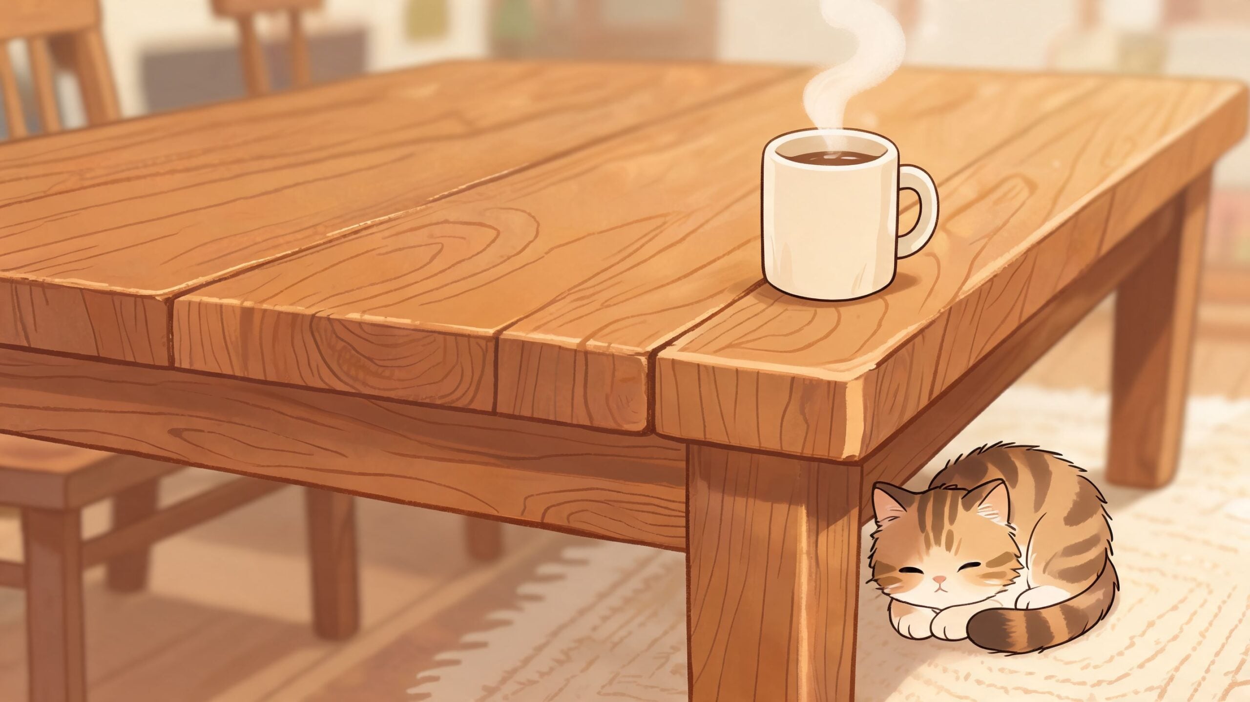 A cozy, warm dining room scene featuring a steaming mug on a wooden table with a sleeping kitten.